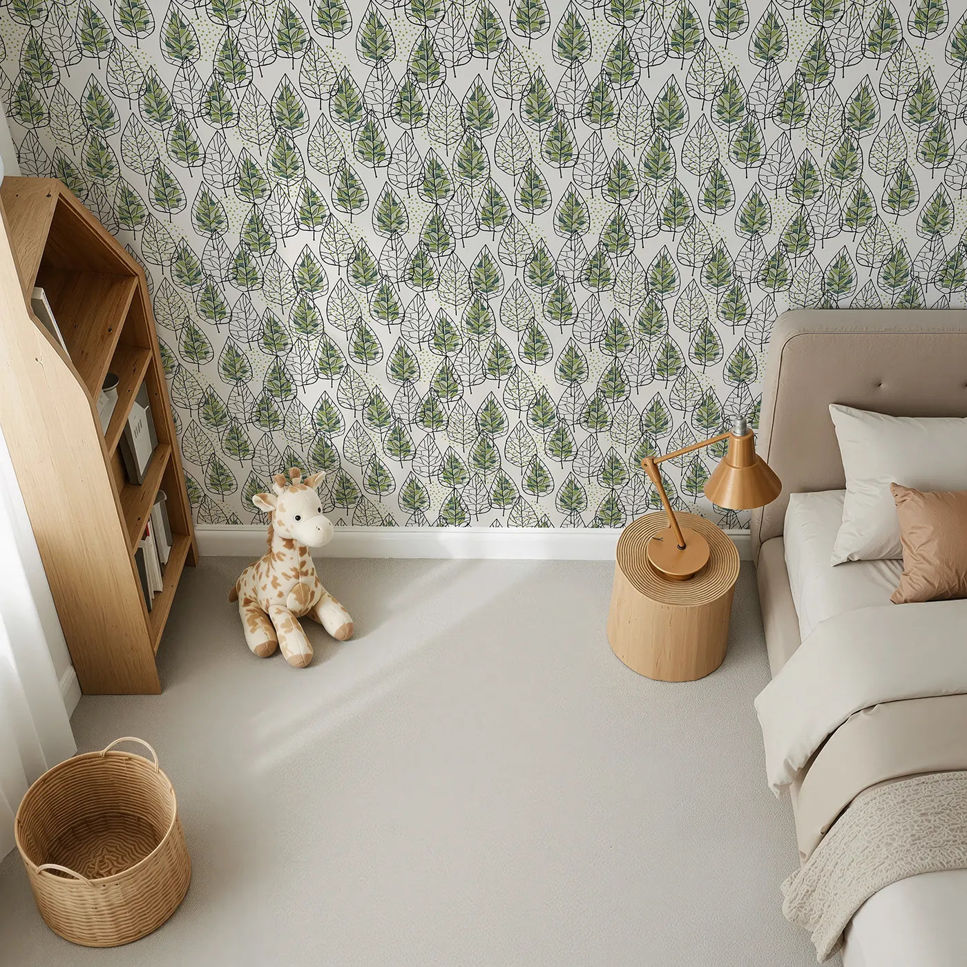 Top-Down view of Whimsy Tots' Modern Stained Glass Leaves Wallpaper (W2270).Where the beauty of a leaf is captured in modern, graphic style.