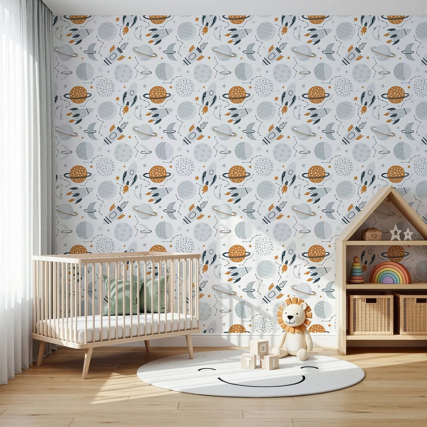 Front view of Whimsy Tots' Boho Space Voyage Wallpaper