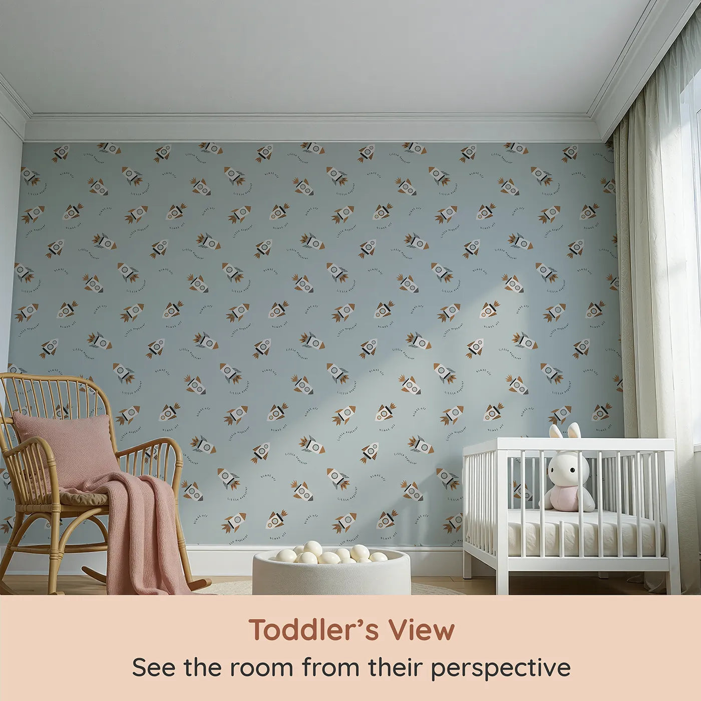 Whimsy Tots Little Explorer Rocket Wallpaper (W2272) from your child's view.Where a fleet of little rockets is ready to "blast off!".