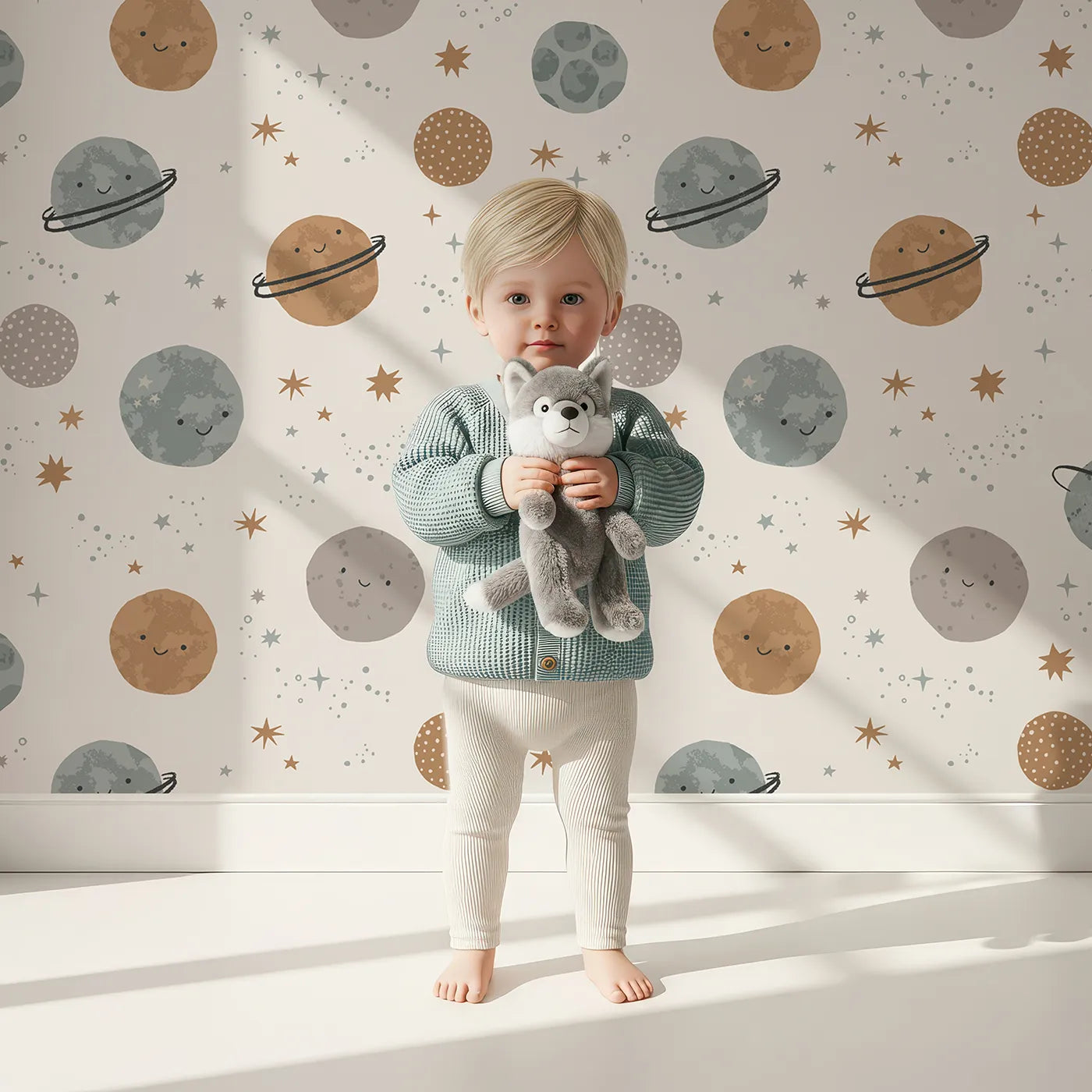 Lovely child standing in front of Whimsy Tots Happy Planet Friends Wallpaper with planet, space, star, cute, smile in design.