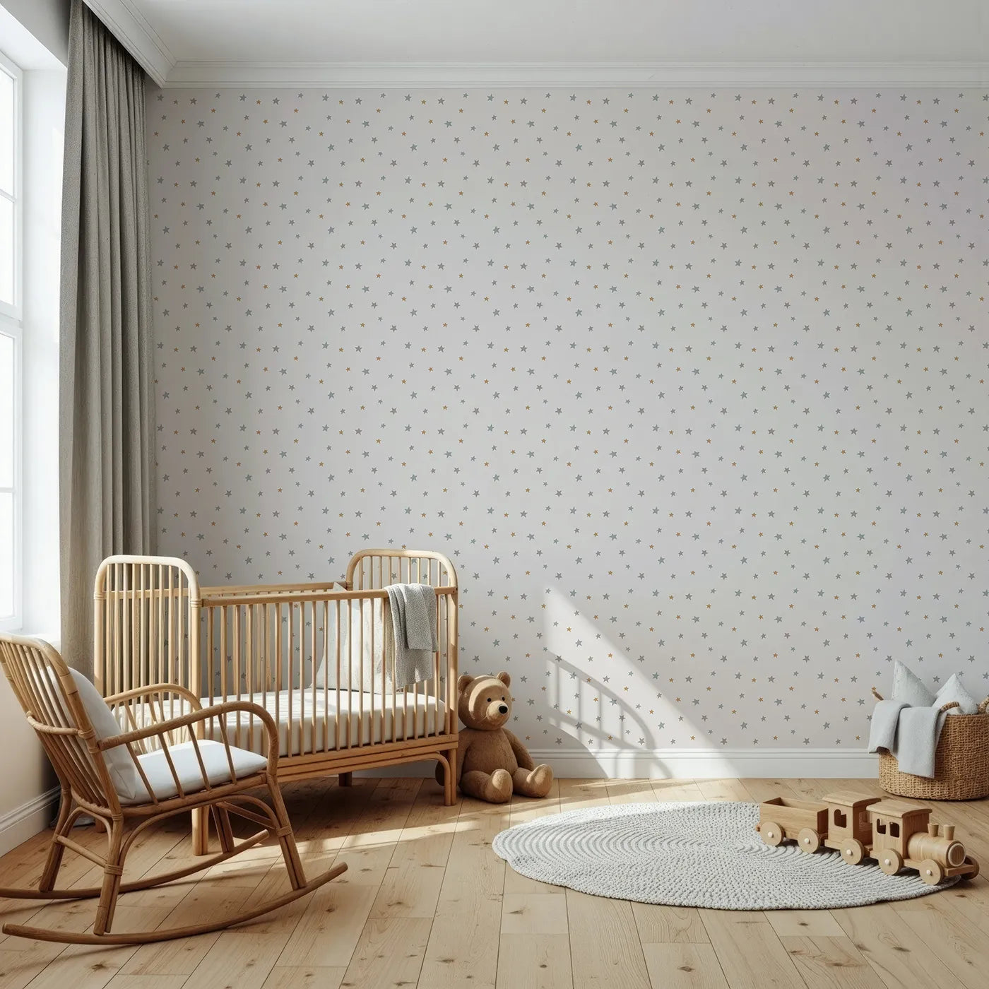 Front view of Whimsy Tots' Neutral Starry Sky Wallpaper