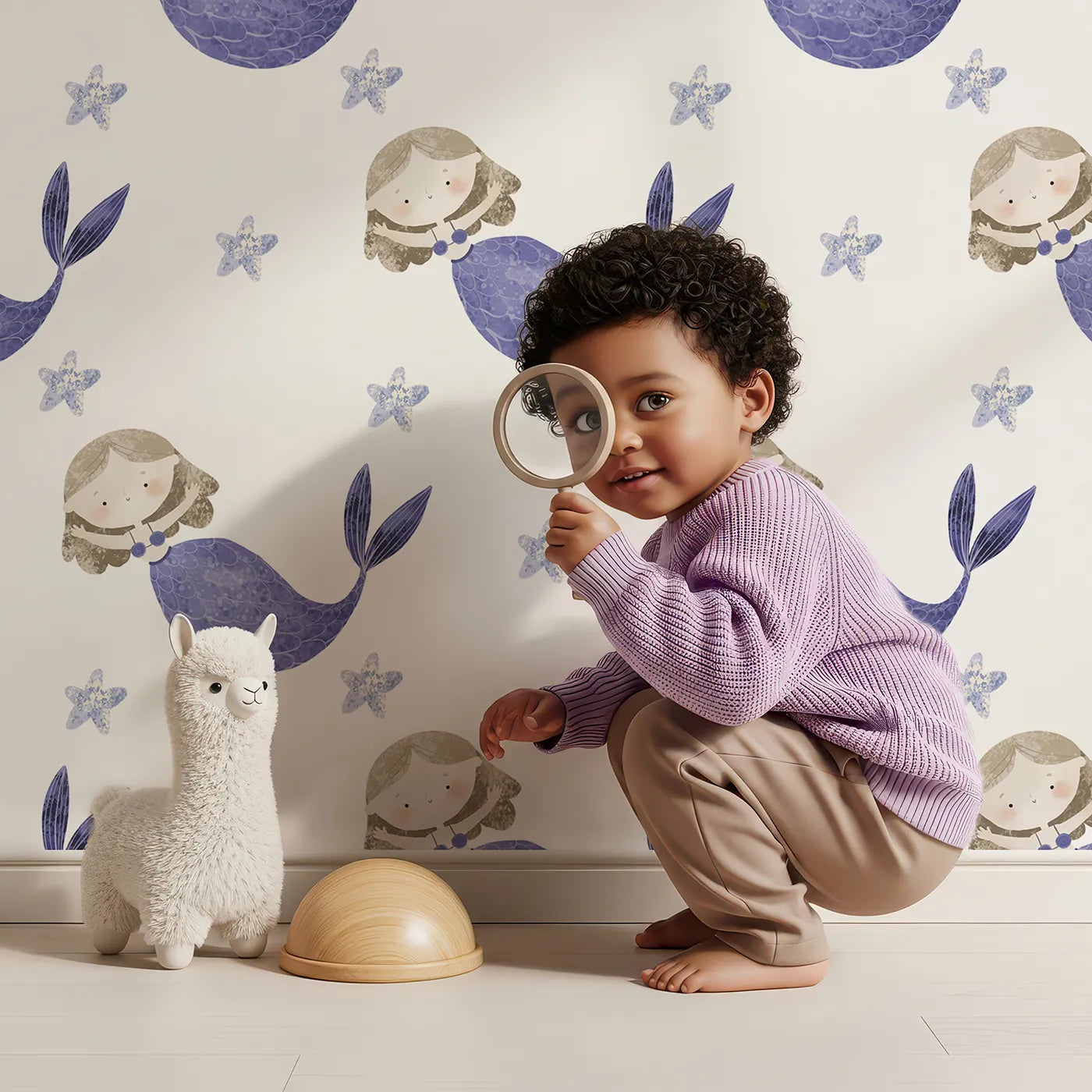 Lovely child standing in front of Whimsy Tots Textured Mermaid Dreams Wallpaper in Purple with mermaid, starfish, watercolor, purple, sea in design.