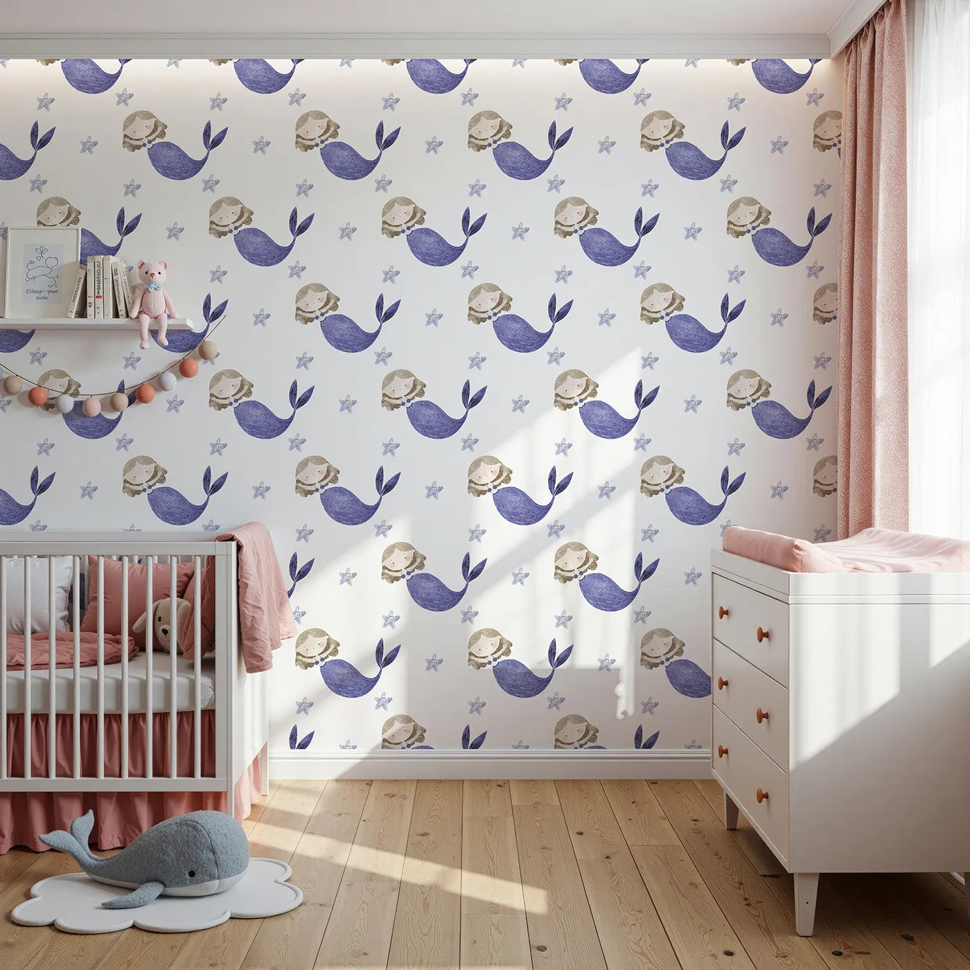 Front view of Whimsy Tots' Textured Mermaid Dreams Wallpaper in Purple