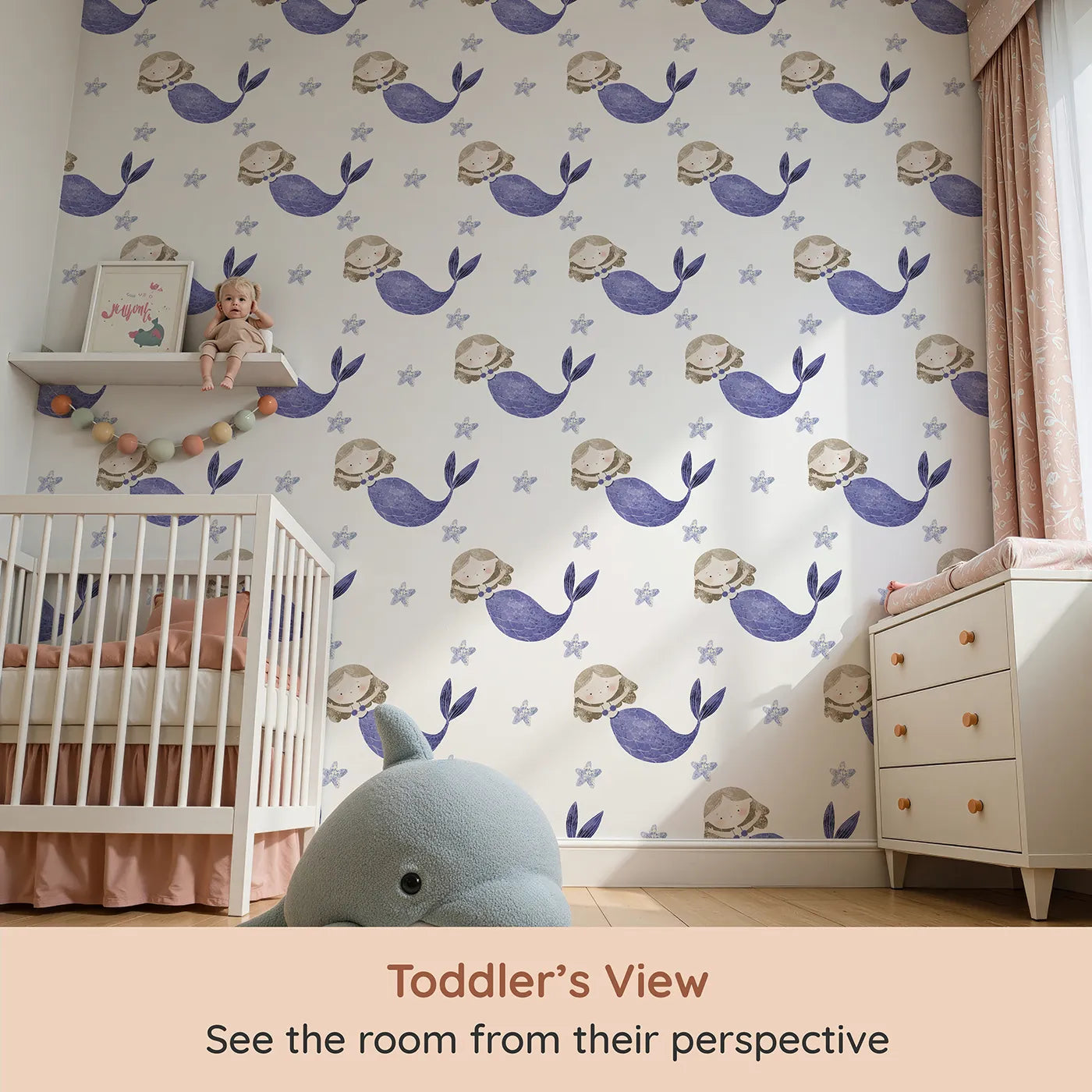 Whimsy Tots Textured Mermaid Dreams Wallpaper in Purple (W2275) from your child's view.Where a beautiful mermaid swims through a sea of painted stars.