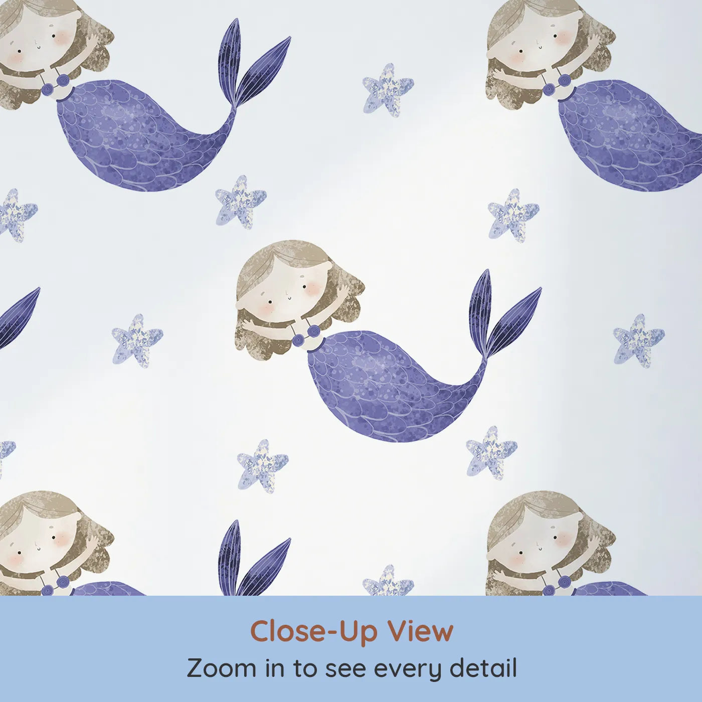 Close-up view of Whimsy Tots' Textured Mermaid Dreams Wallpaper in Purple (W2275).Where a beautiful mermaid swims through a sea of painted stars.