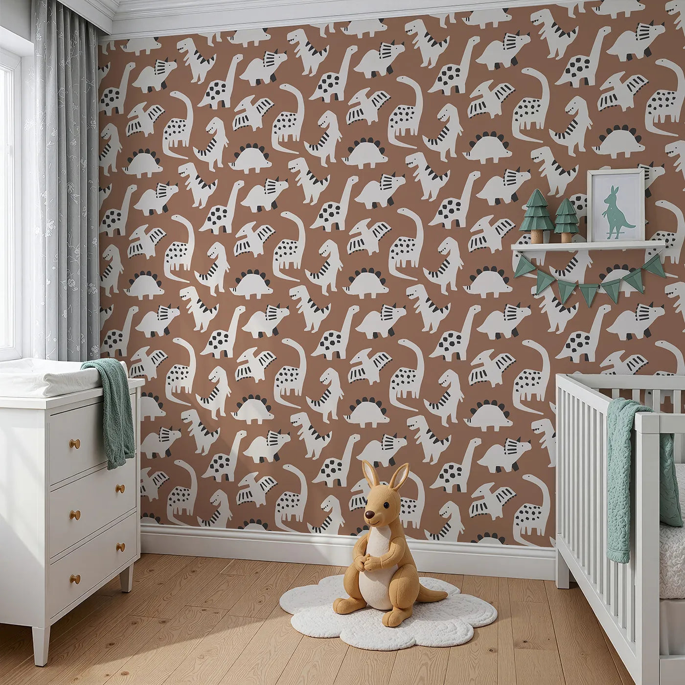 Angled view of Whimsy Tots' Paper Cut Dino Land Wallpaper in Brown (W2276).Where cool, paper-cut dinosaurs roam a stylish landscape.