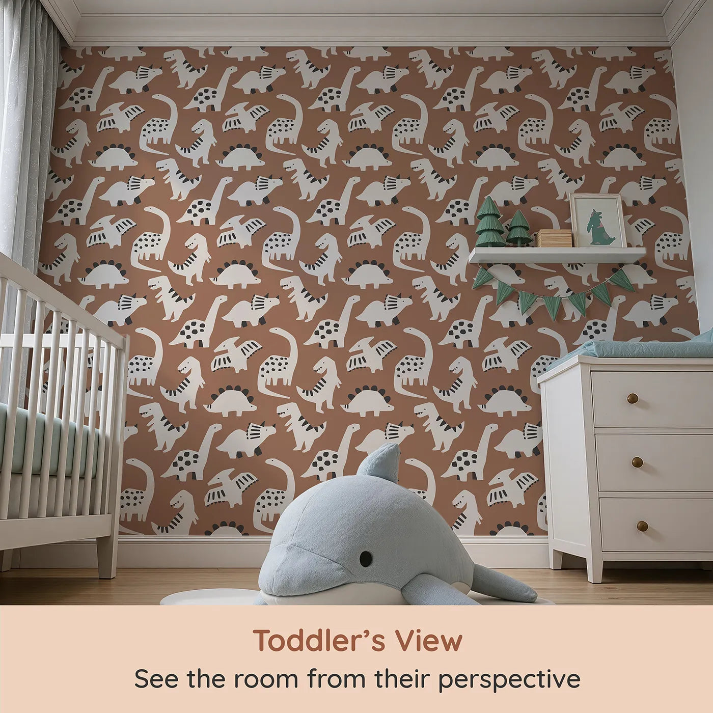 Whimsy Tots Paper Cut Dino Land Wallpaper in Brown (W2276) from your child's view.Where cool, paper-cut dinosaurs roam a stylish landscape.