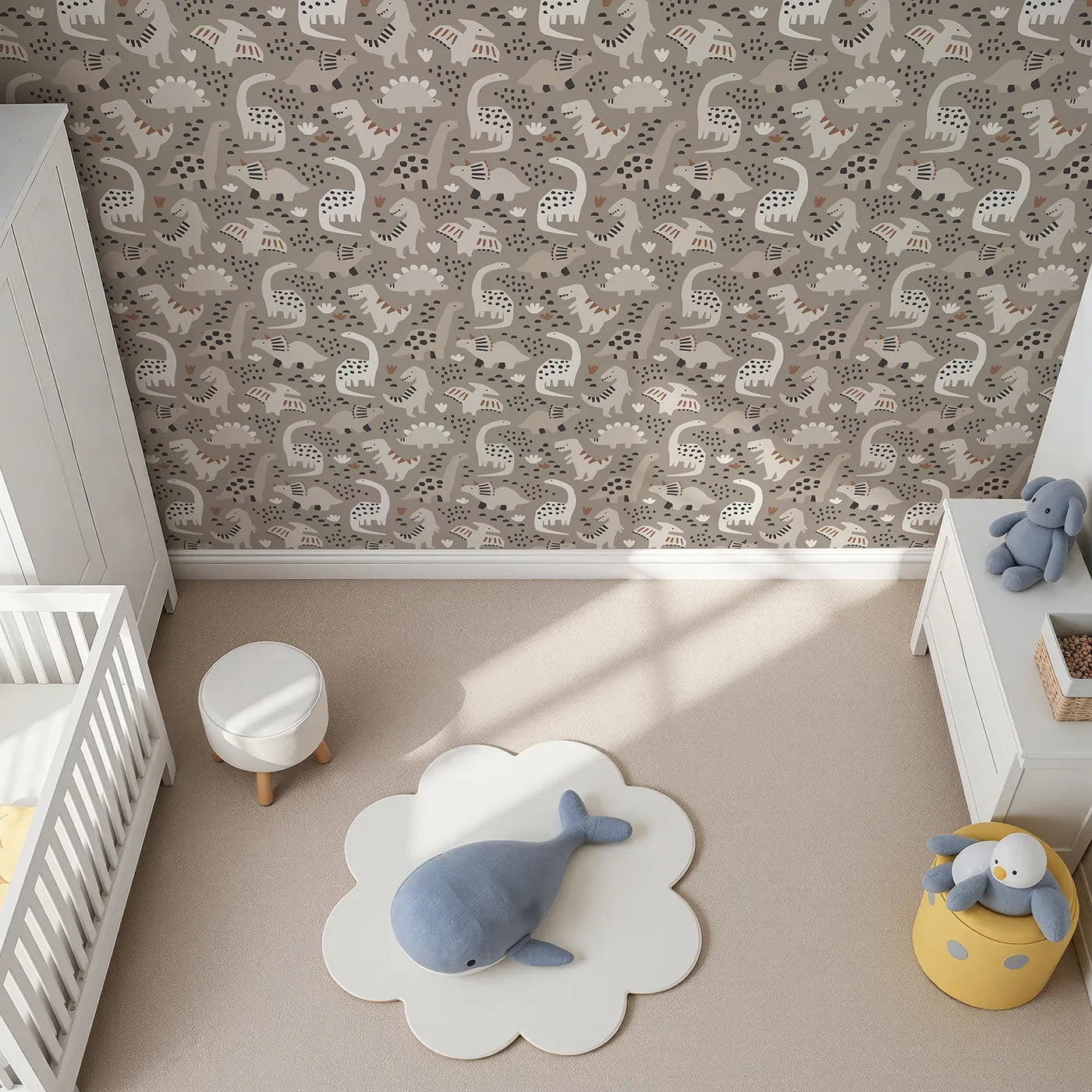 Top-Down view of Whimsy Tots' Paper Cut Dino Land Wallpaper in Gray (W2277).Where cool, paper-cut dinosaurs roam a stylish landscape.