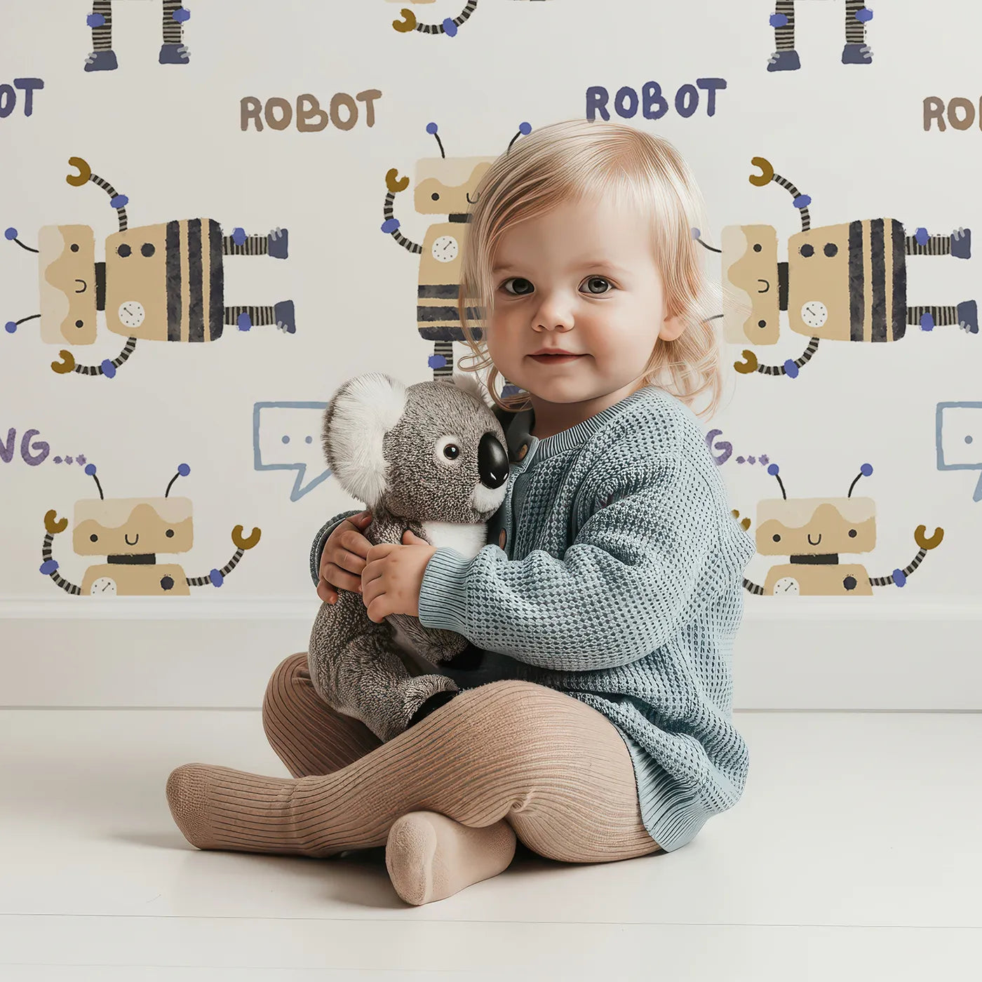 Lovely child standing in front of Whimsy Tots Loading Robots Wallpaper with robot, watercolor, loading, cute, science in design.