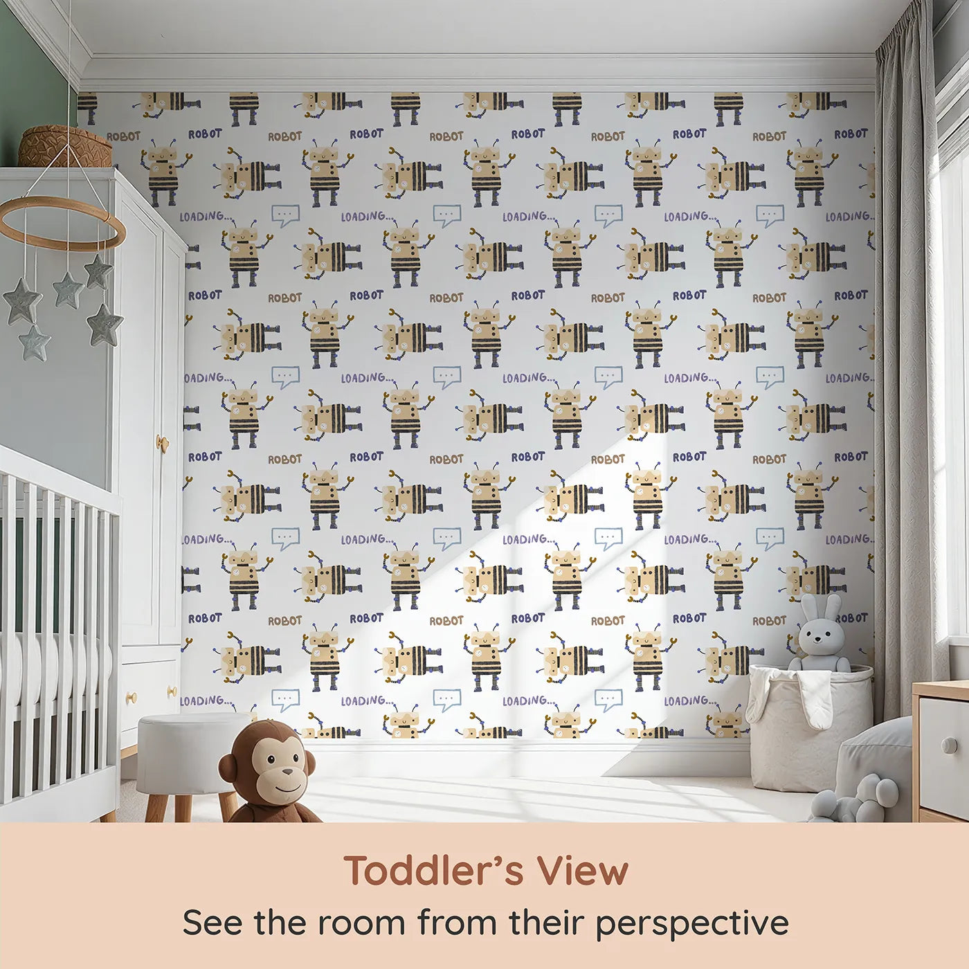 Whimsy Tots Loading Robots Wallpaper (W2278) from your child's view.Where a team of cute, hand-painted robots is busy loading... fun!