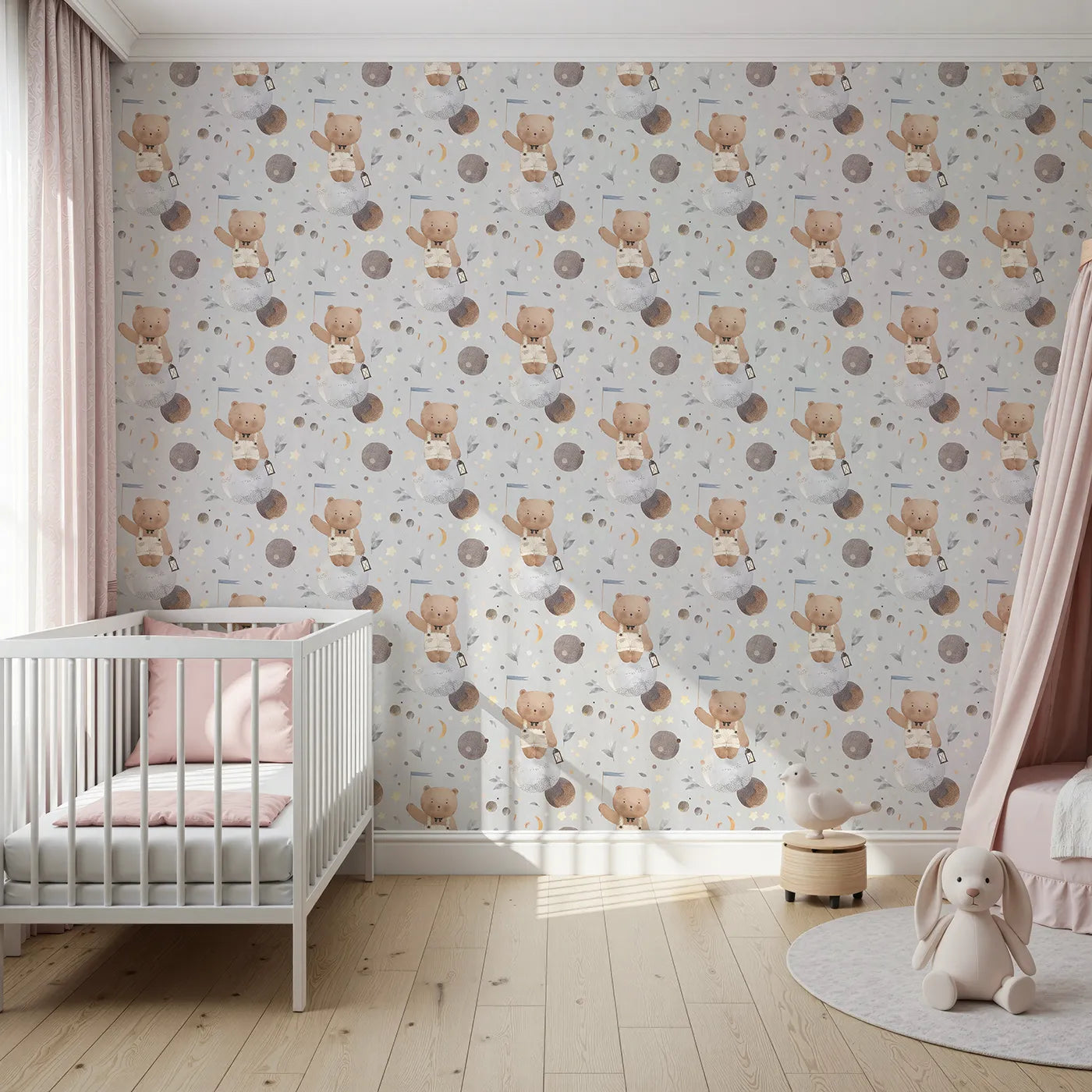 Front view of Whimsy Tots' Watercolor Bear in the Stars Wallpaper