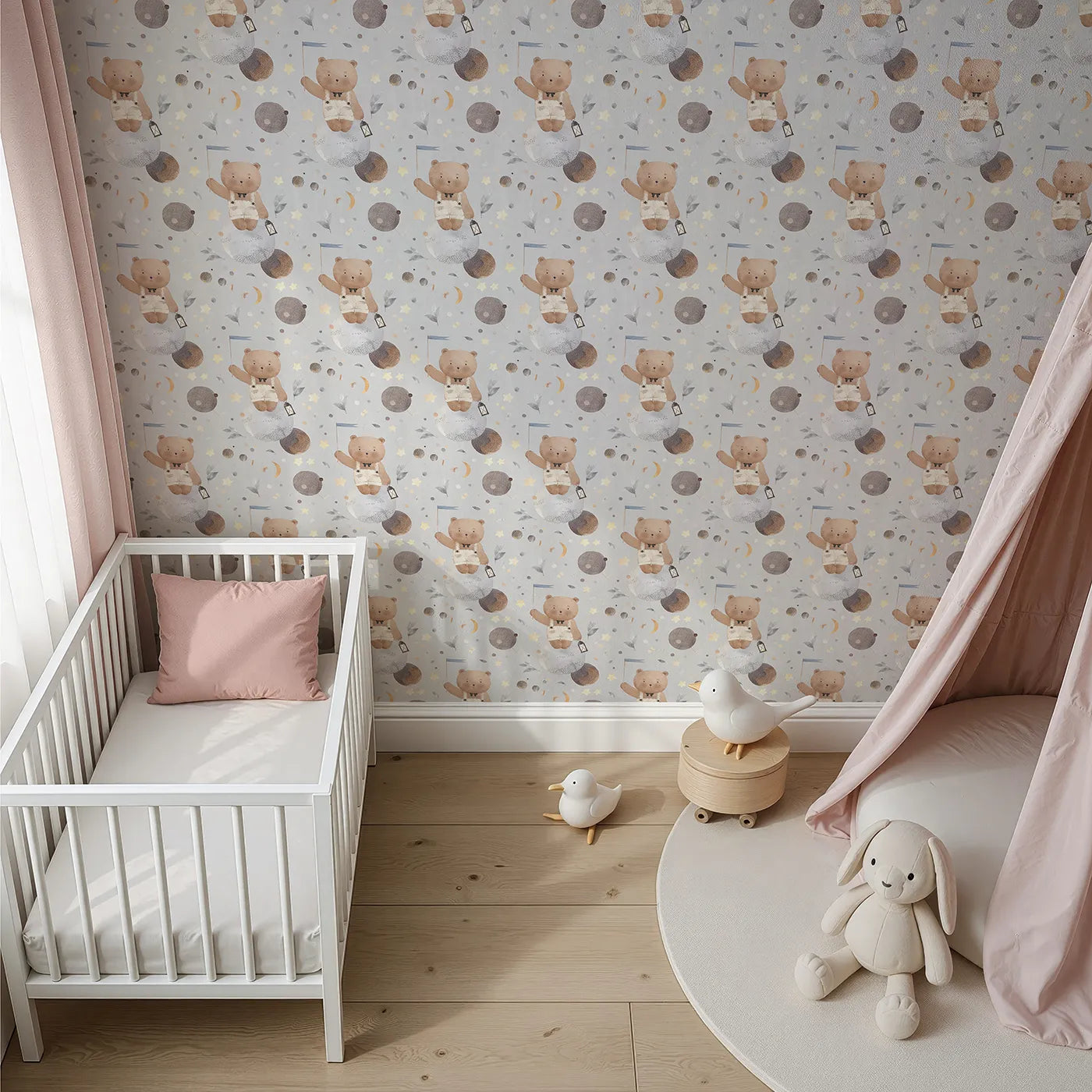 Top-Down view of Whimsy Tots' Watercolor Bear in the Stars Wallpaper (W2279).Where a gentle bear explores a sky of painted planets and stars.