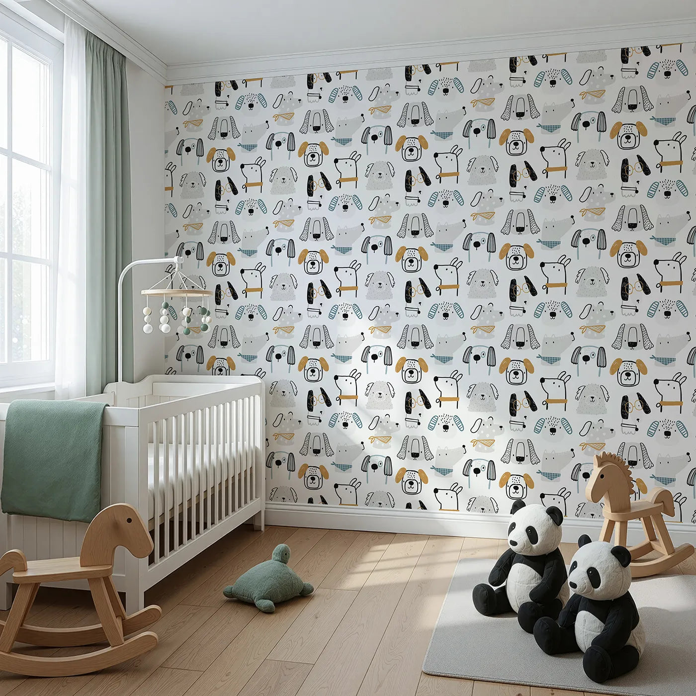 Angled view of Whimsy Tots' Stylish Doodle Dogs Wallpaper (W2281).Where a pack of cool, hand-drawn dogs are dressed to impress.