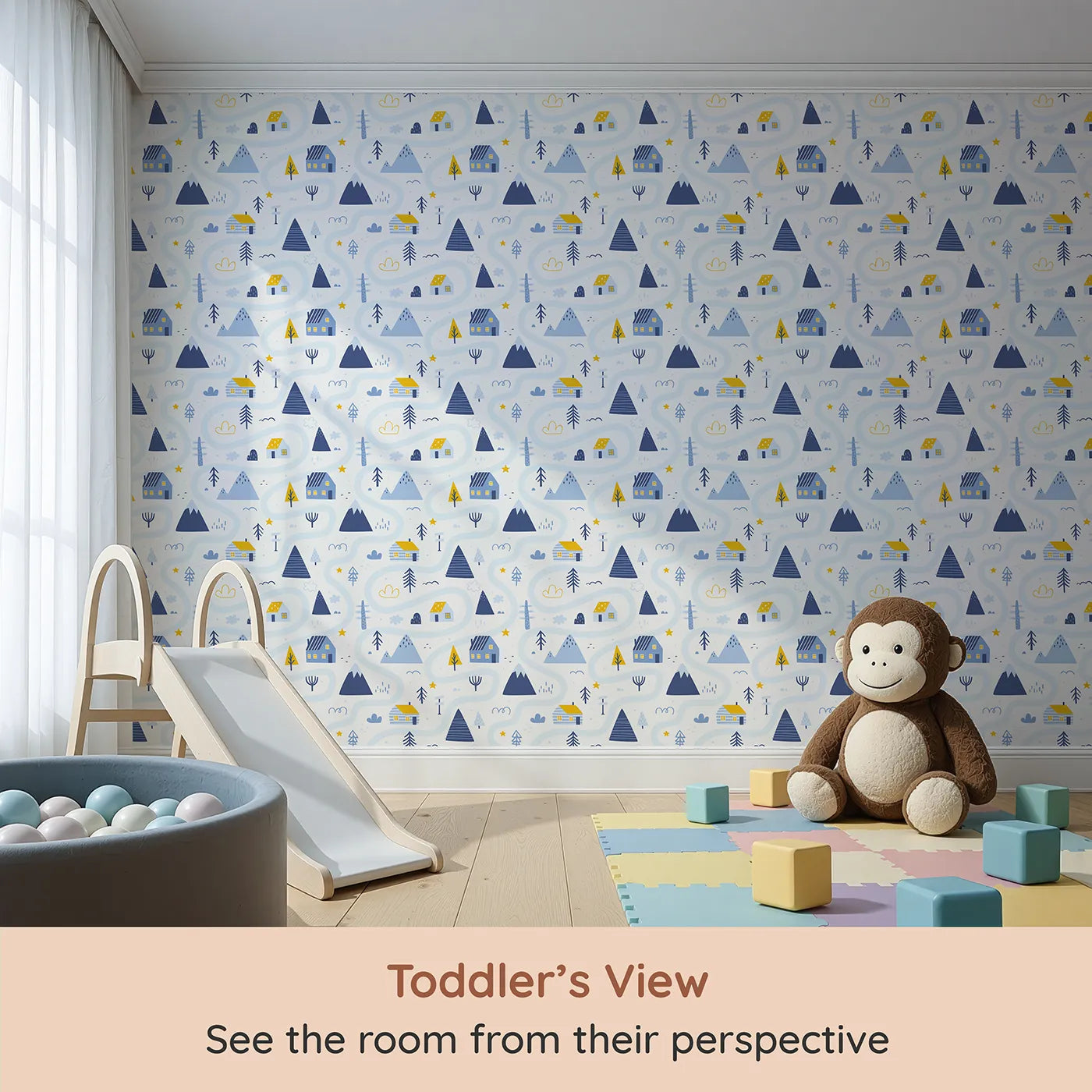Whimsy Tots Winter Village Map Wallpaper (W2284) from your child's view.Where a winding path leads through a peaceful, frozen village.