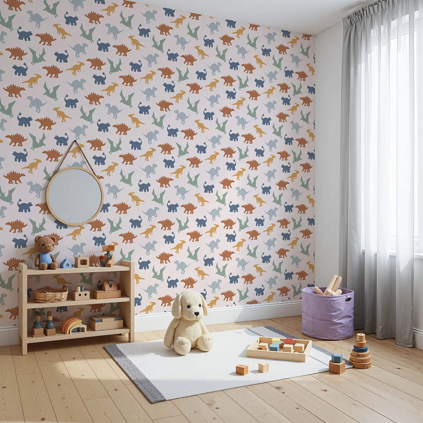 Angled view of Whimsy Tots' Earthy Dino Silhouettes Wallpaper (W2286).Where a herd of gentle giants roams in a calm, earthy palette.