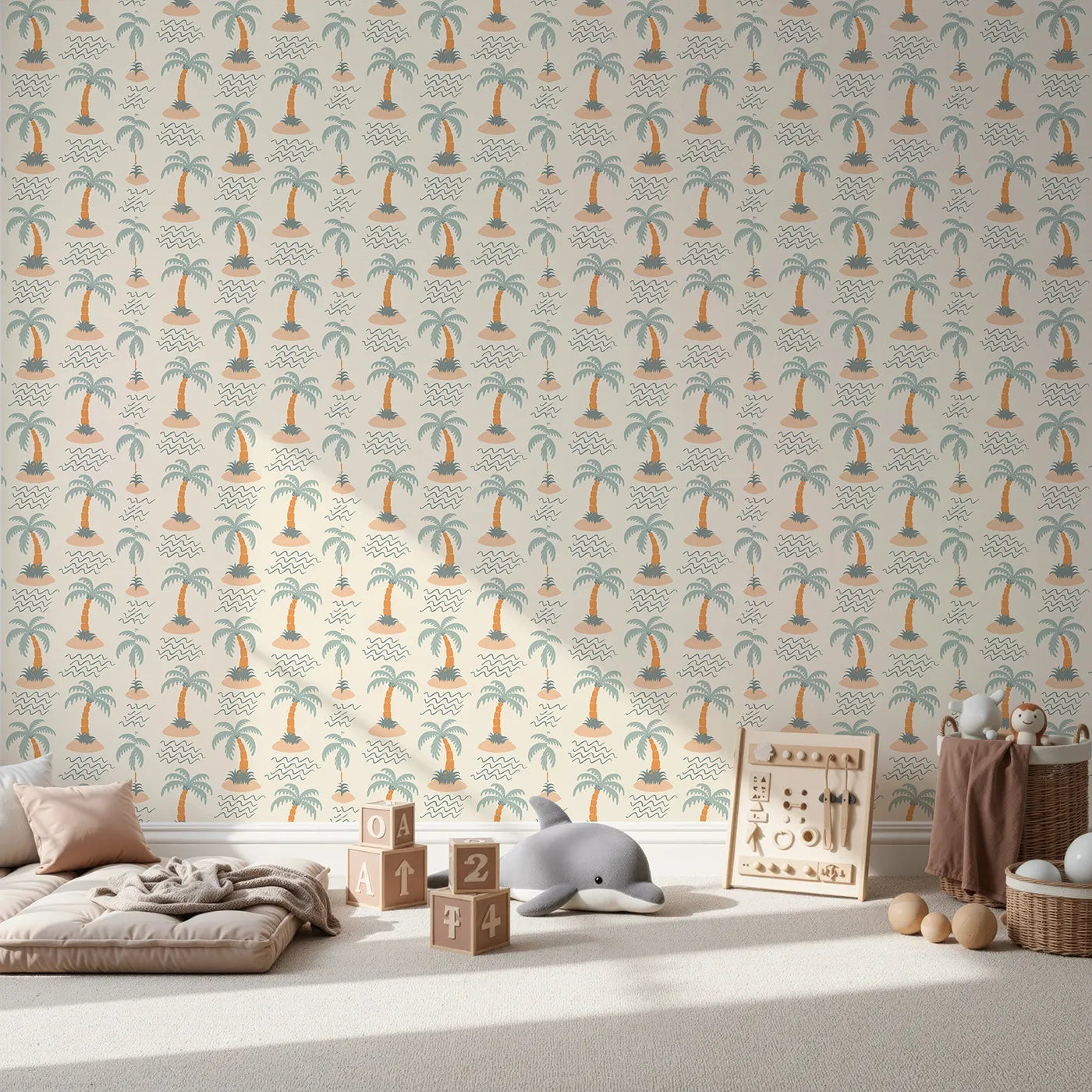 Front view of Whimsy Tots' Tropical Island Getaway Wallpaper