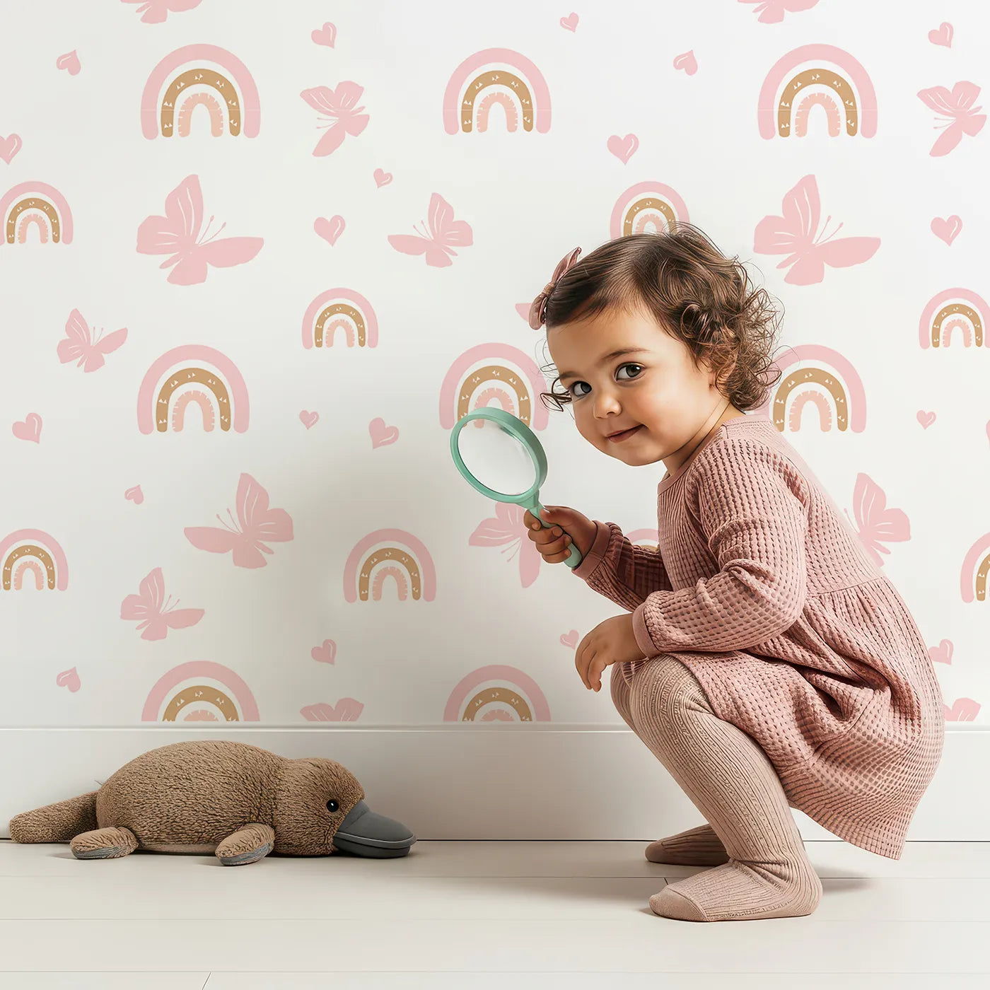 Lovely child standing in front of Whimsy Tots Boho Rainbow Butterfly Wallpaper in Pink with rainbow, butterfly, boho, pink, heart in design.