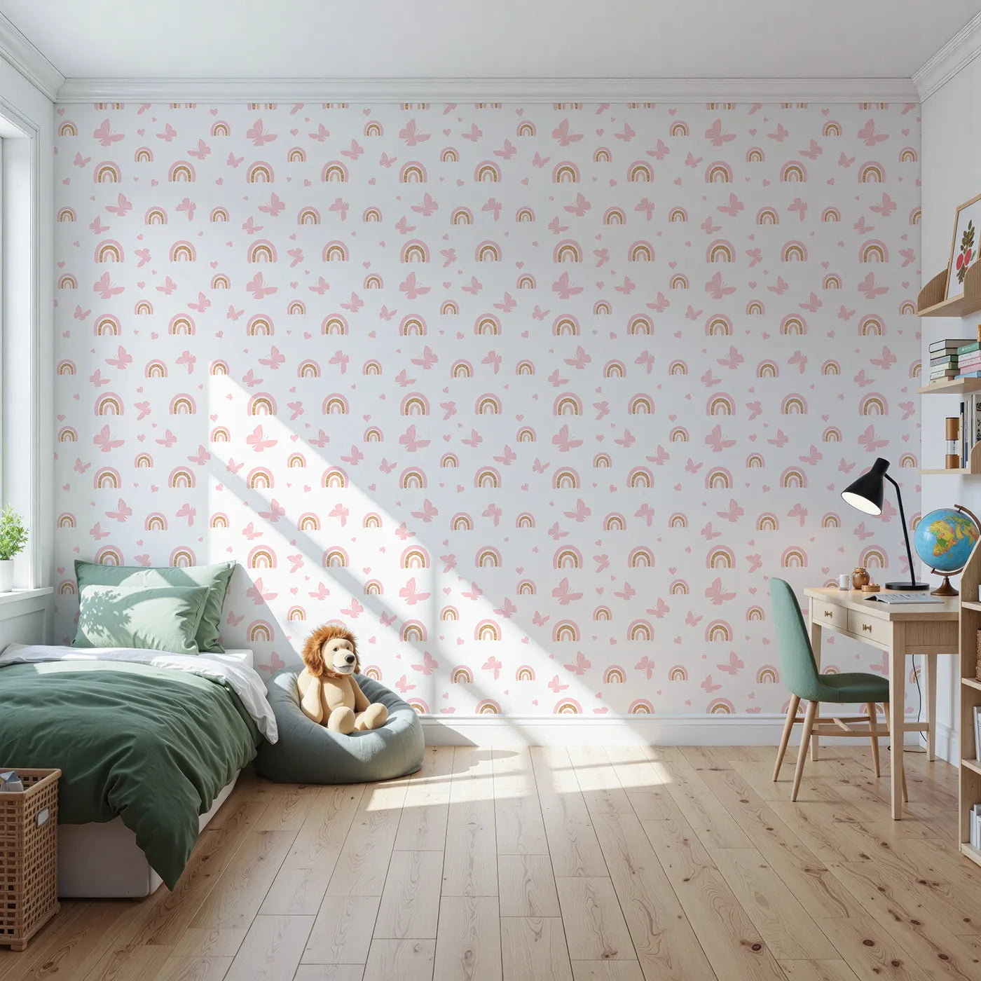 Front view of Whimsy Tots' Boho Rainbow Butterfly Wallpaper in Pink