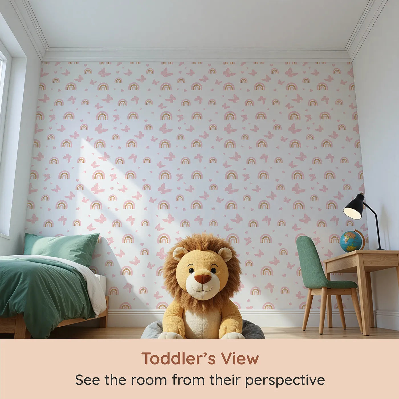 Whimsy Tots Boho Rainbow Butterfly Wallpaper in Pink (W2288) from your child's view.Where soft rainbows and butterflies fill the air with peace and love.