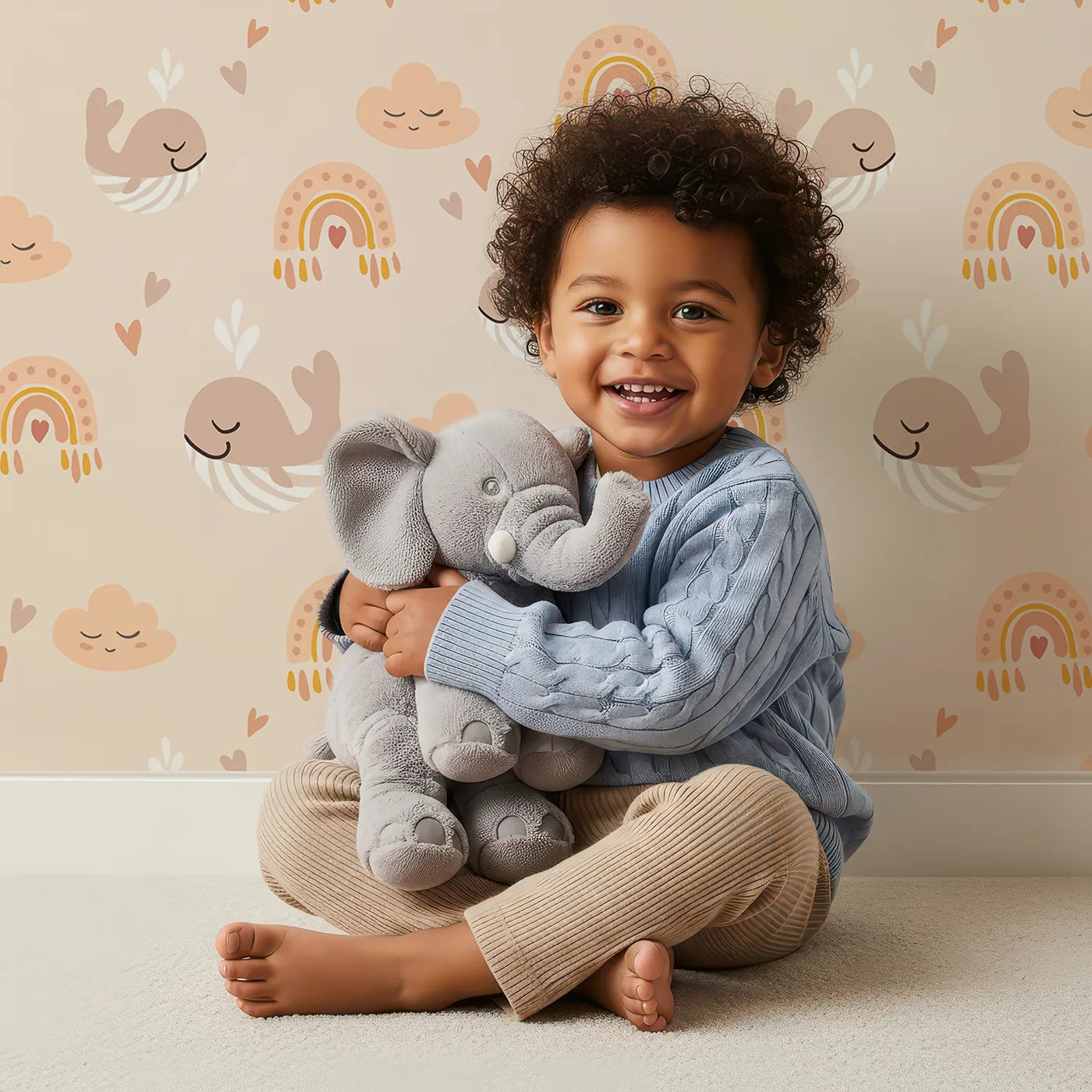 Lovely child standing in front of Whimsy Tots Boho Whale Rainbow Sky Wallpaper with whale, rainbow, cloud, boho, cute in design.