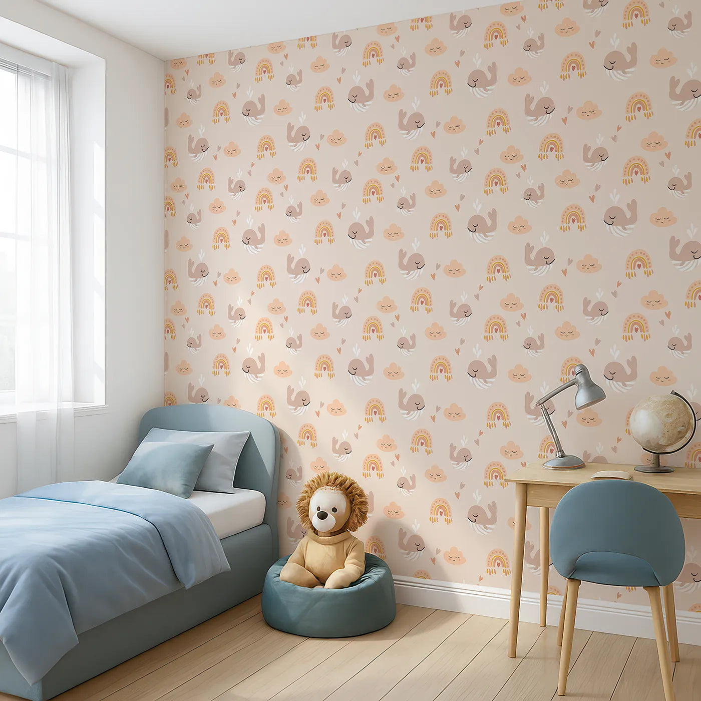 Angled view of Whimsy Tots' Boho Whale Rainbow Sky Wallpaper (W2289).Where sleepy whales float among smiling clouds and soft rainbows.