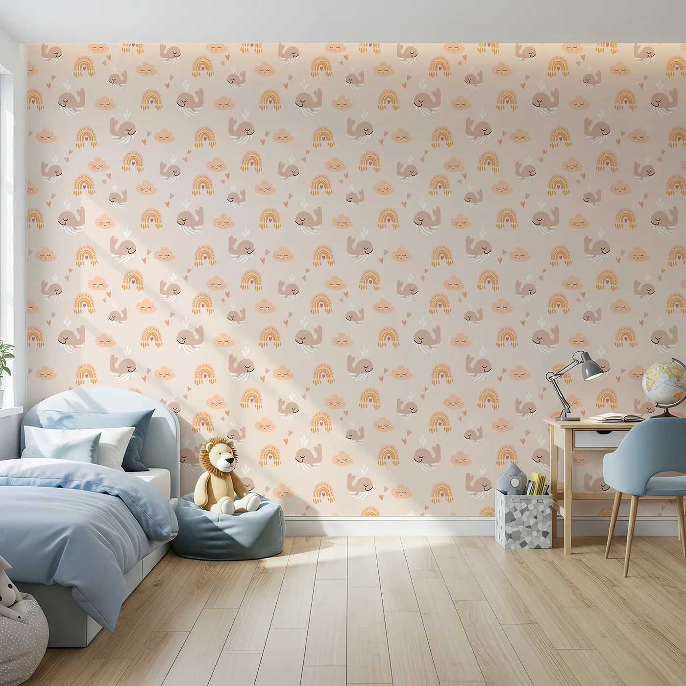 Front view of Whimsy Tots' Boho Whale Rainbow Sky Wallpaper