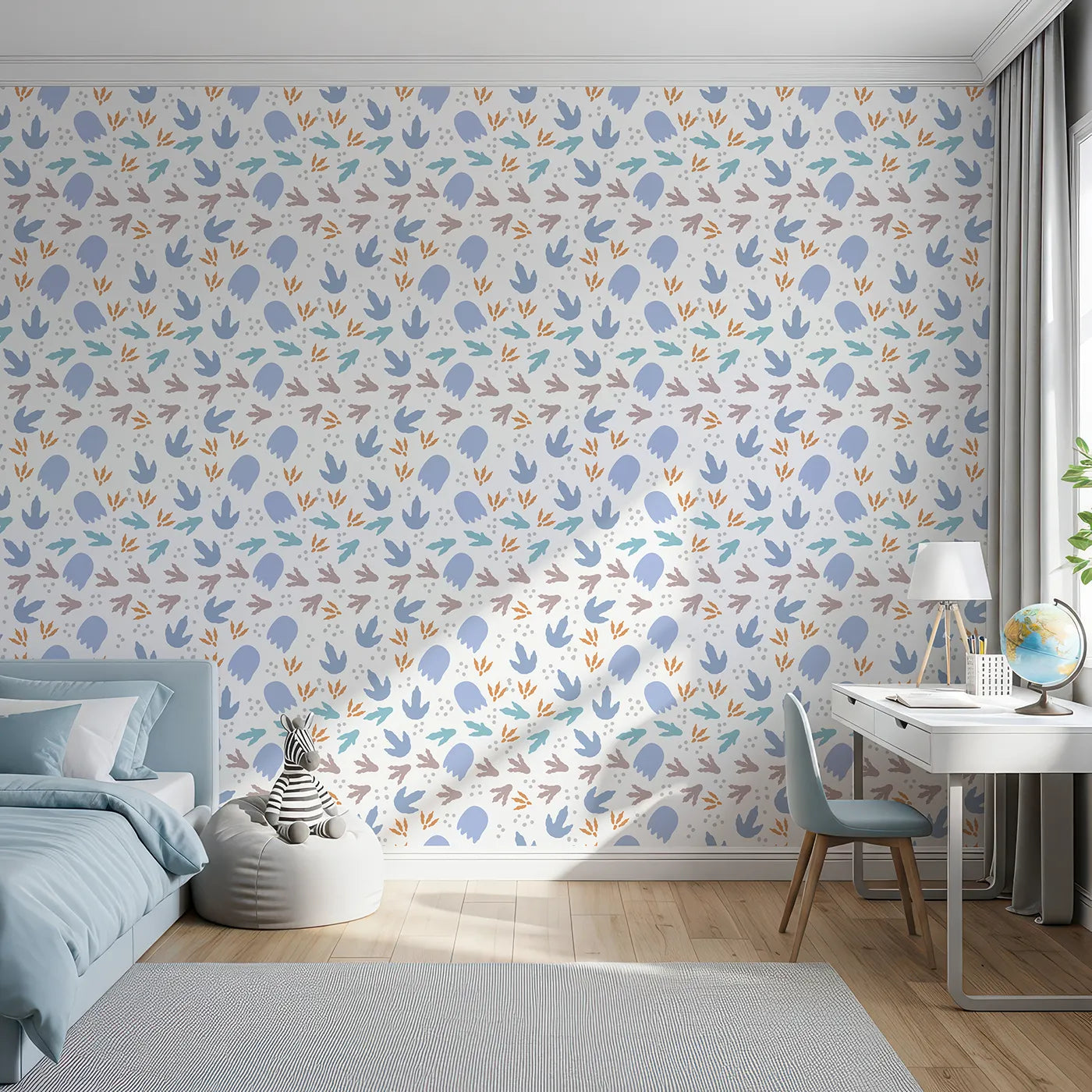 Front view of Whimsy Tots' Dinosaur Footprints Wallpaper