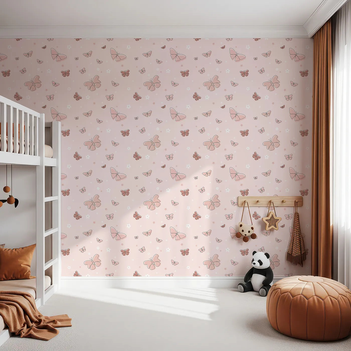 Front view of Whimsy Tots' Minimalist Butterfly Garden Wallpaper in Rose gold