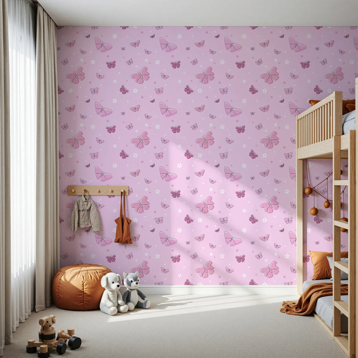 Front view of Whimsy Tots' Minimalist Butterfly Garden Wallpaper in Pink