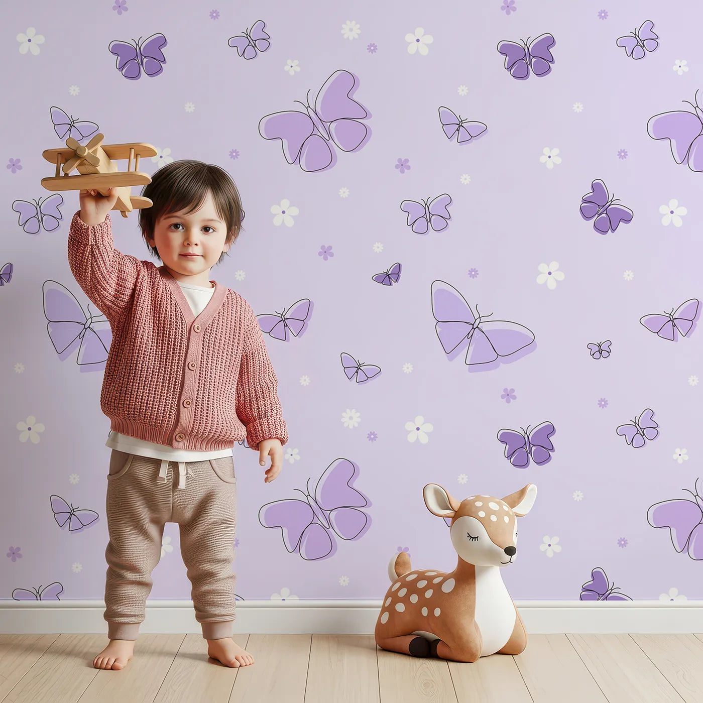 Lovely child standing in front of Whimsy Tots Minimalist Butterfly Garden Wallpaper in Purple with butterfly, flower, minimalist, purple, line art in design.