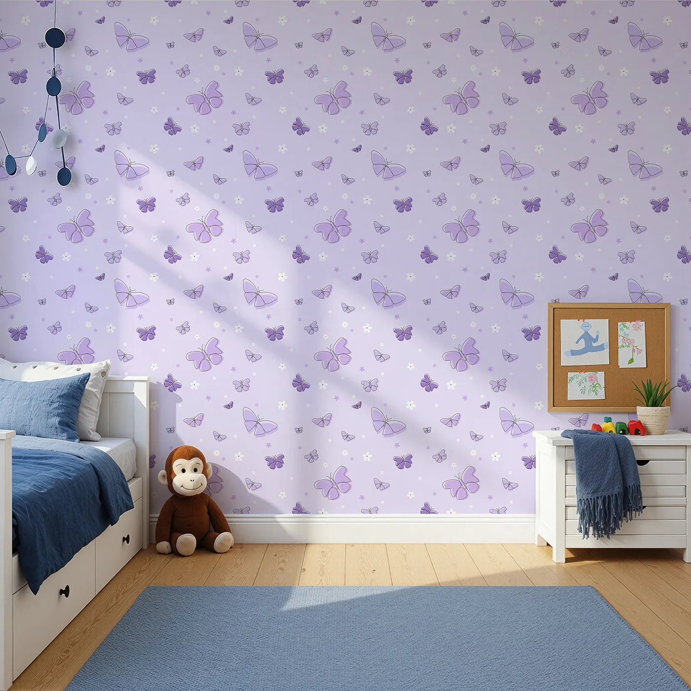 Front view of Whimsy Tots' Minimalist Butterfly Garden Wallpaper in Purple