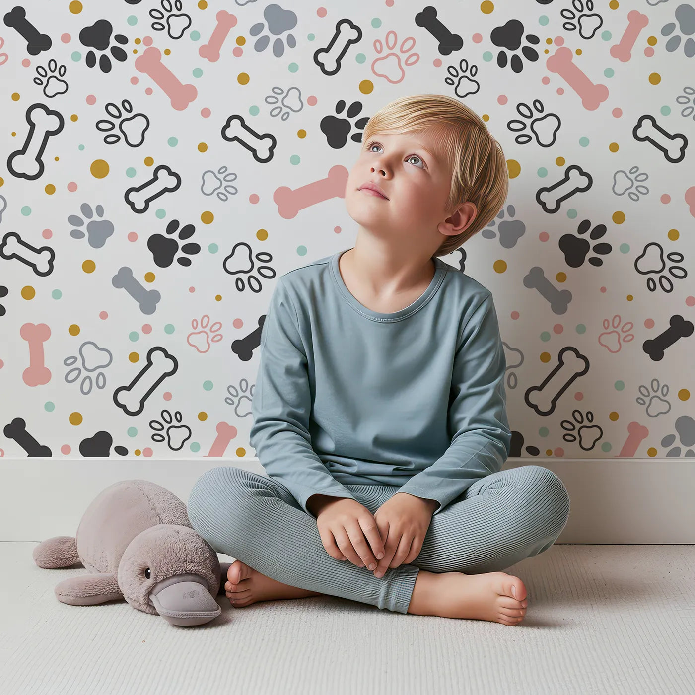 Lovely child standing in front of Whimsy Tots Pastel Paws and Bones Wallpaper with paw print, bone, pastel, cute, dot in design.