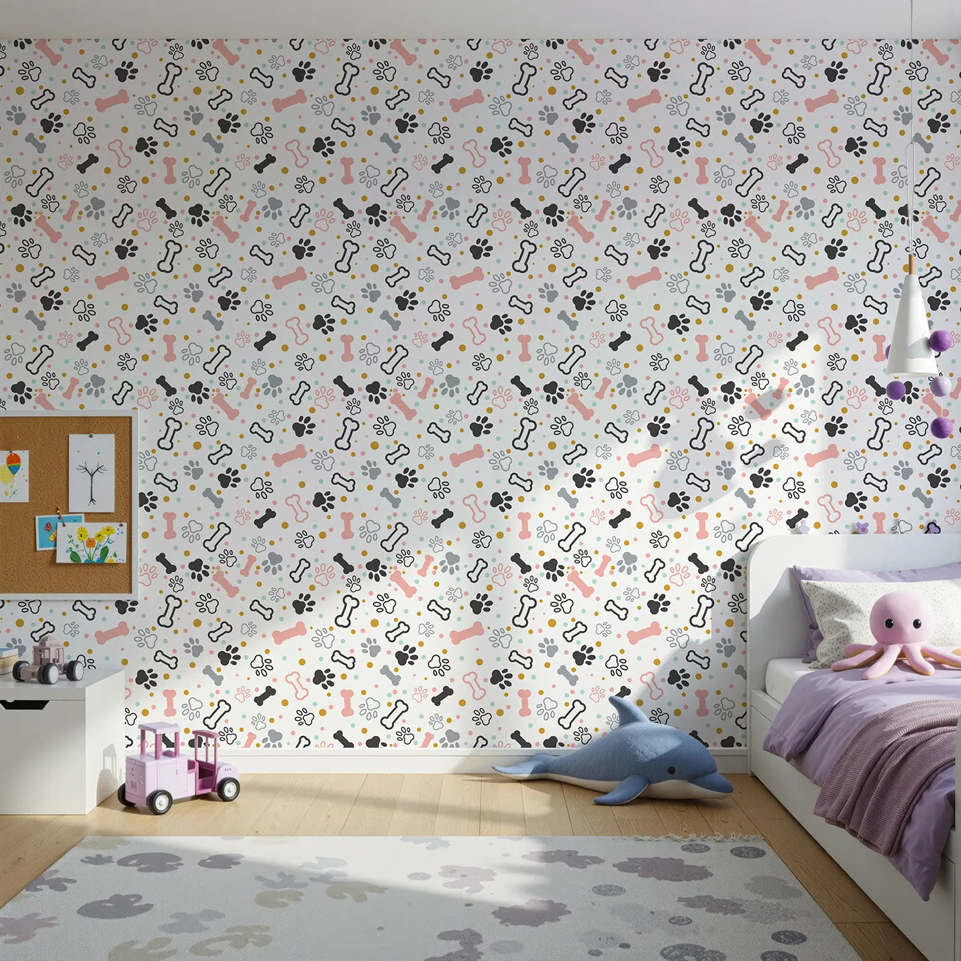 Front view of Whimsy Tots' Pastel Paws and Bones Wallpaper