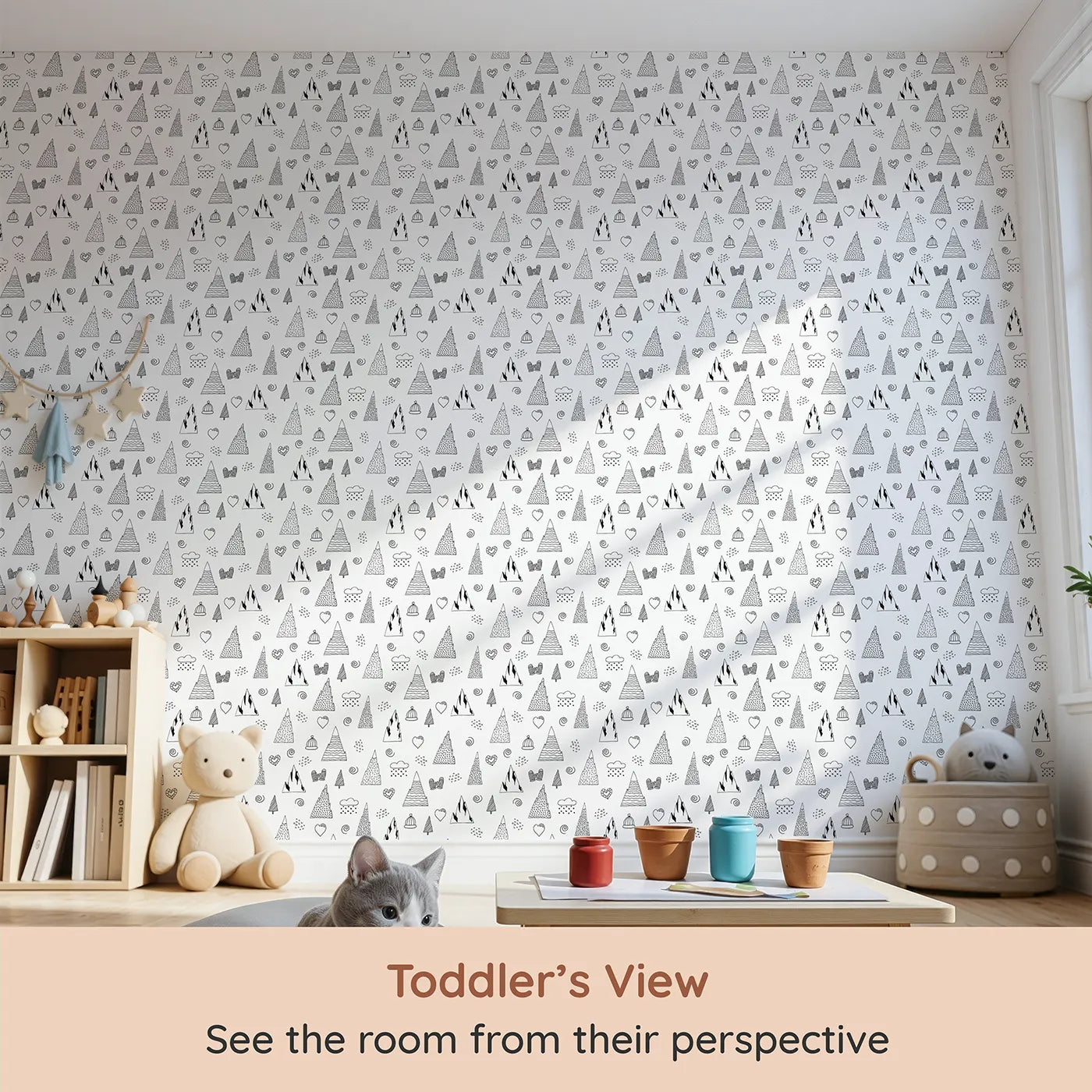 Whimsy Tots Winter Mountain Doodle Wallpaper (W2298) from your child's view.Where snowy mountains and cozy mittens create a winter wonderland.