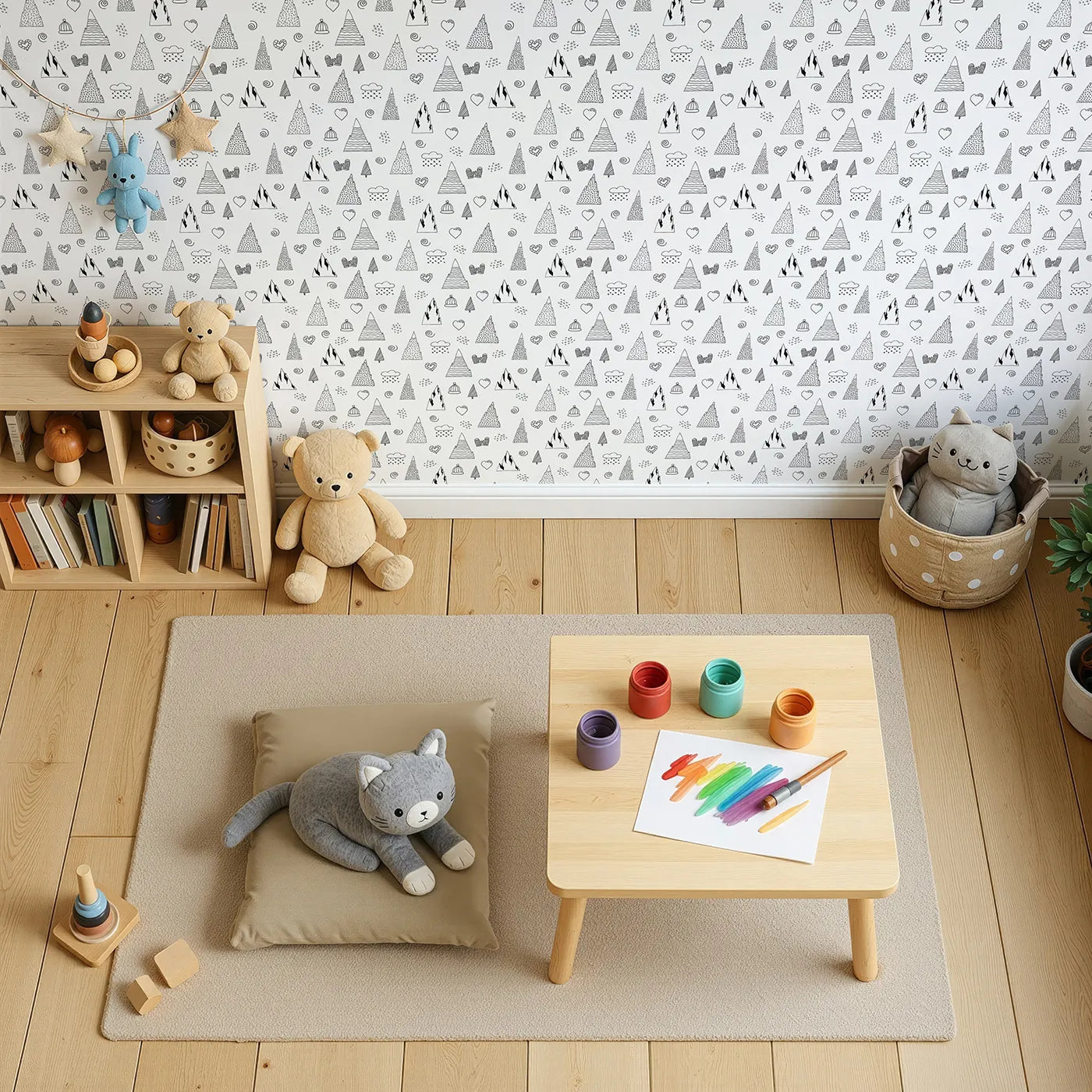 Top-Down view of Whimsy Tots' Winter Mountain Doodle Wallpaper (W2298).Where snowy mountains and cozy mittens create a winter wonderland.
