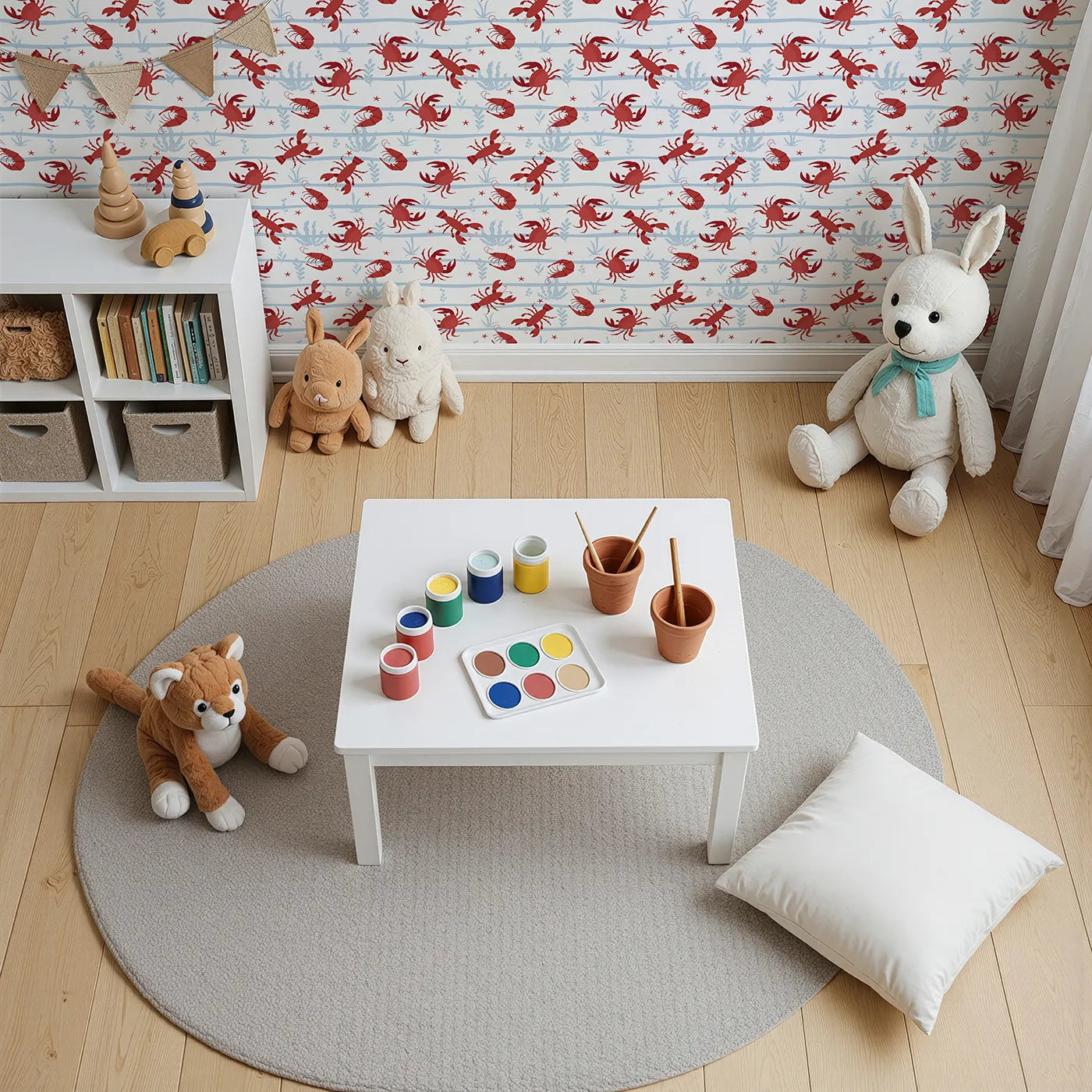 Top-Down view of Whimsy Tots' Red Crustacean Celebration Wallpaper (W2299).Where happy crabs and lobsters are ready for a beach party.