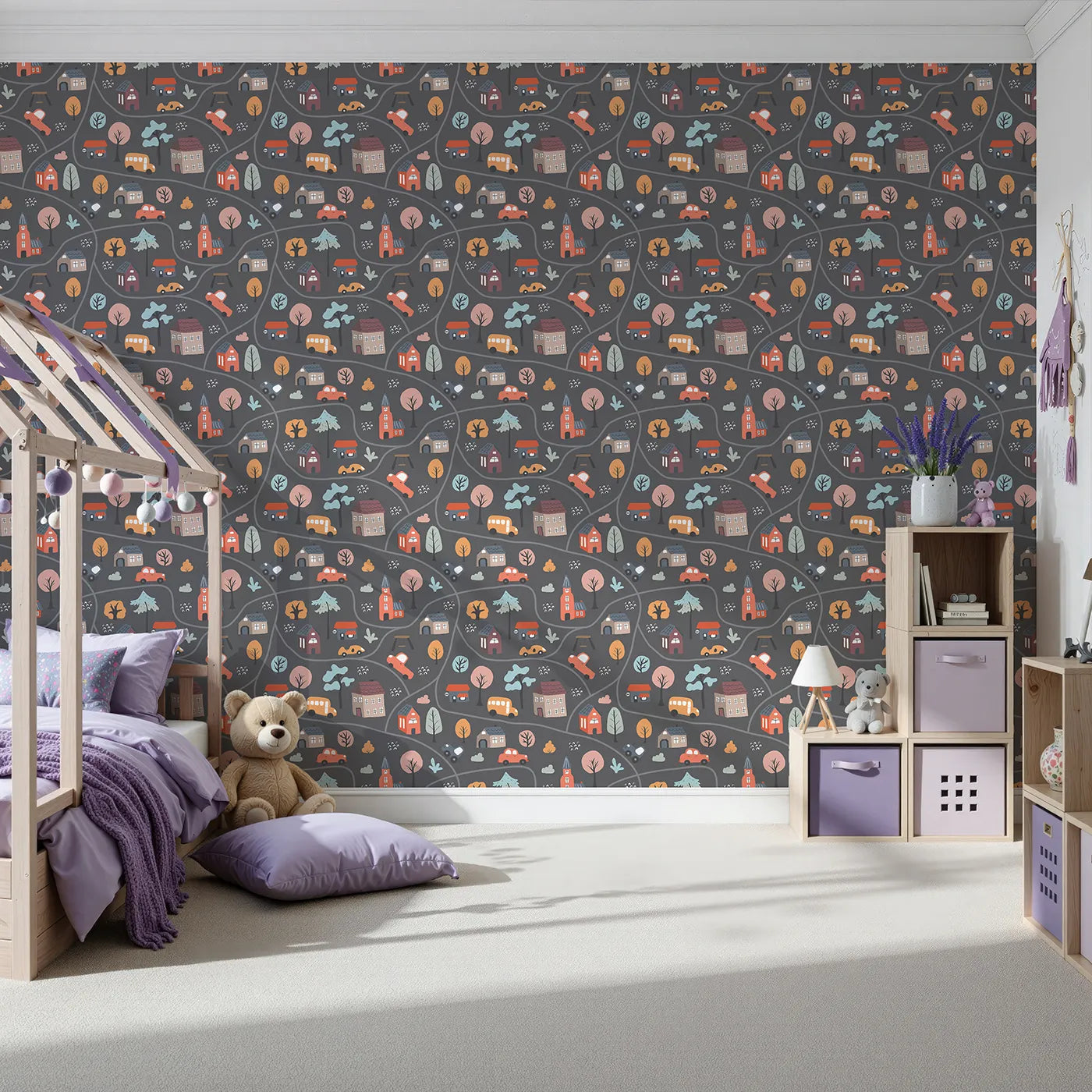 Front view of Whimsy Tots' Cozy Town Map Wallpaper in Gray