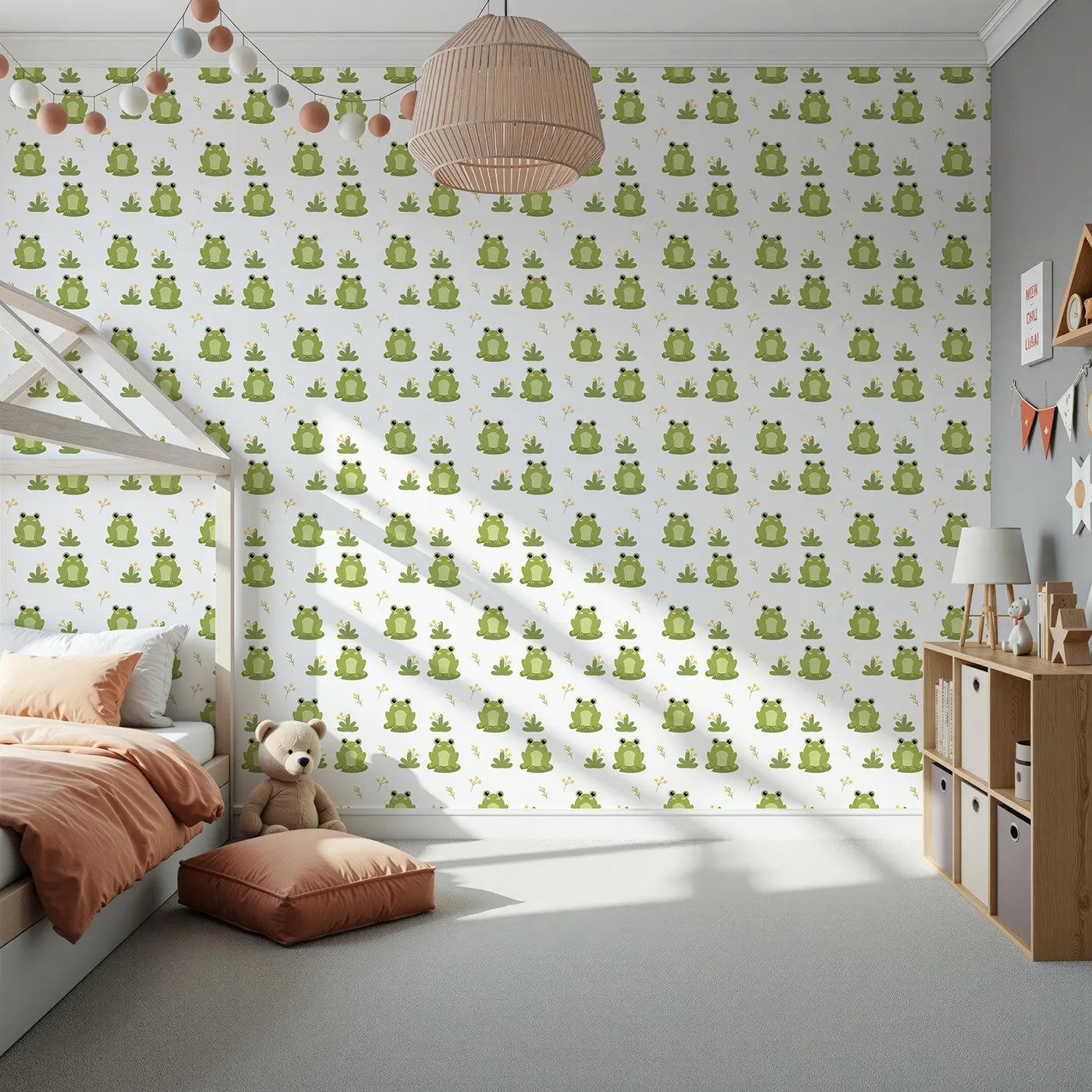 Front view of Whimsy Tots' Happy Frog Pond Wallpaper