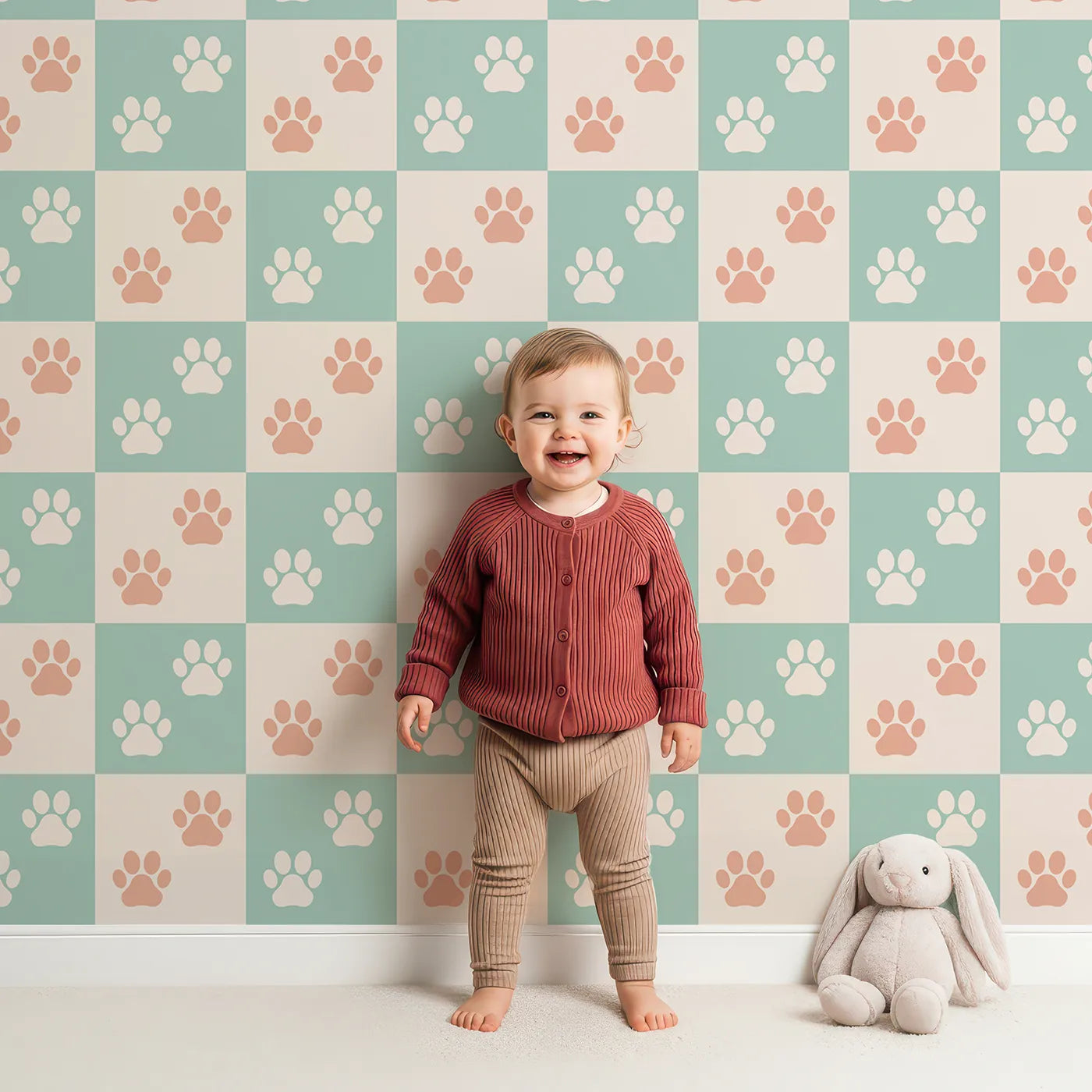 Lovely child standing in front of Whimsy Tots Checkerboard Paw Prints Wallpaper with paw print, checkerboard, geometric, pink, green in design.