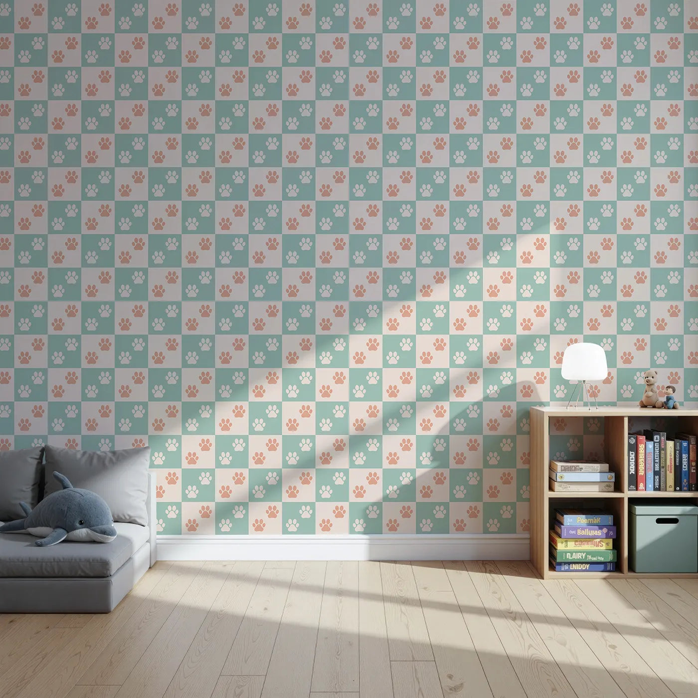 Front view of Whimsy Tots' Checkerboard Paw Prints Wallpaper
