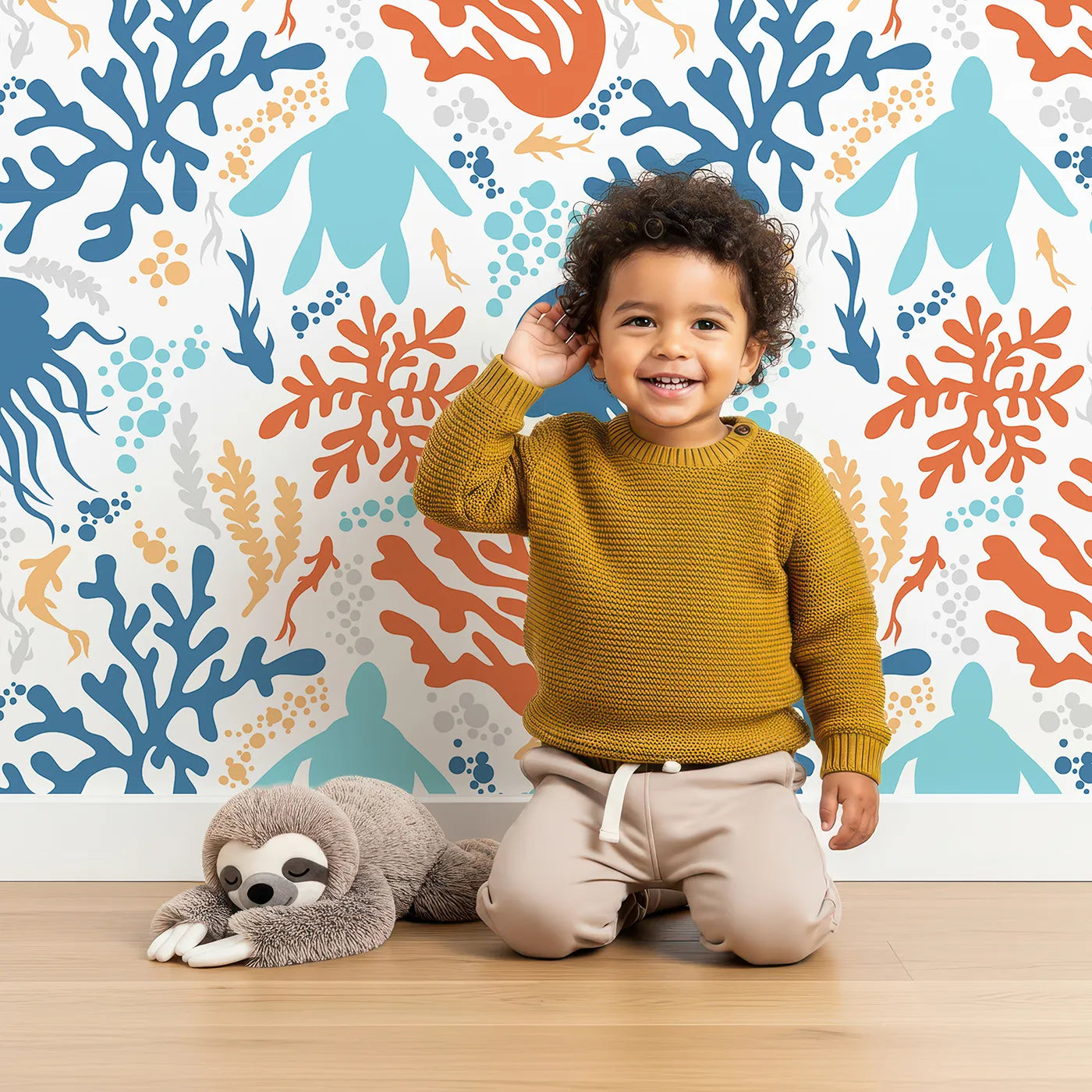Lovely child standing in front of Whimsy Tots Abstract Coral Reef Silhouettes Wallpaper with ocean, coral, silhouette, abstract, bold in design.