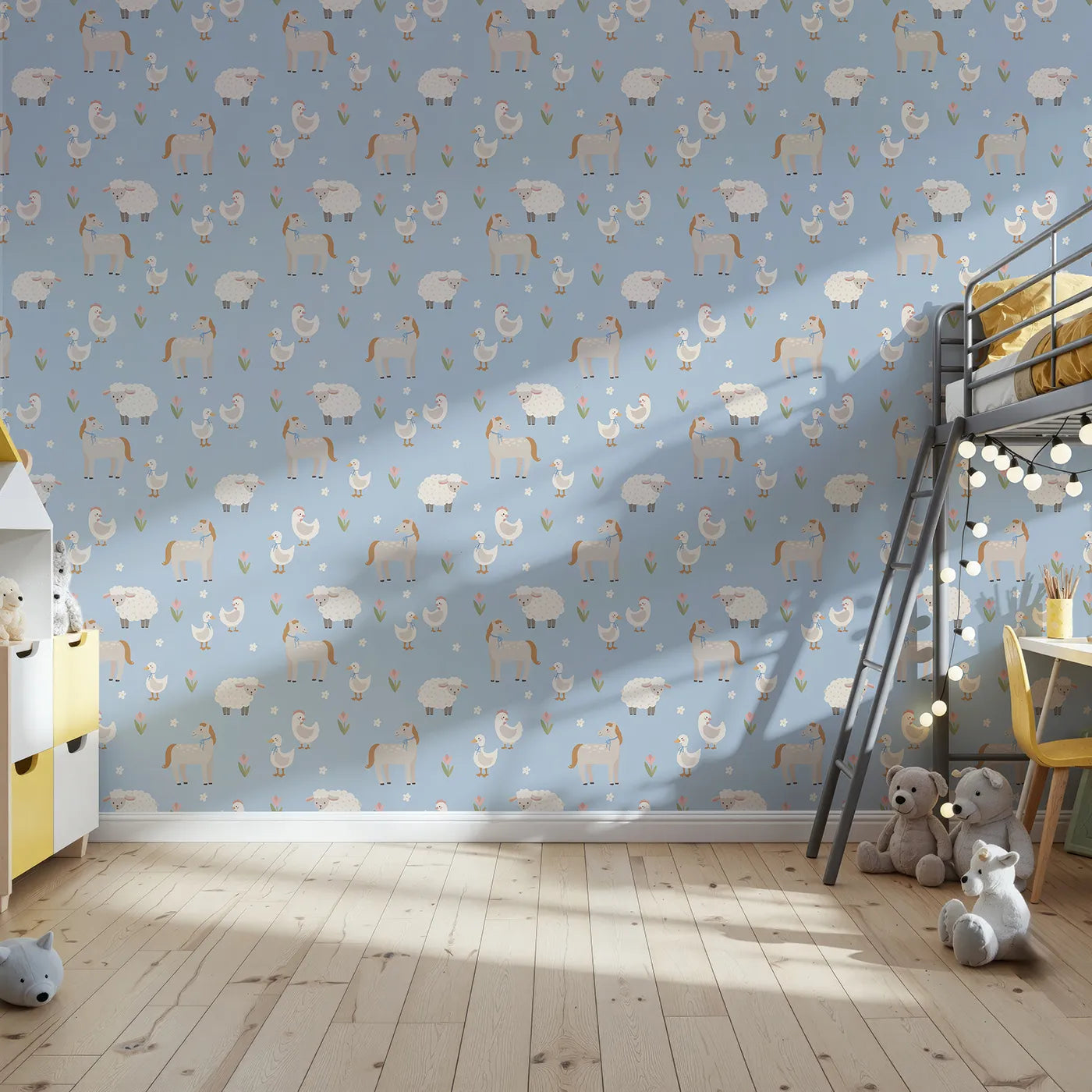 Front view of Whimsy Tots' Gentle Farm Friends Wallpaper in Blue