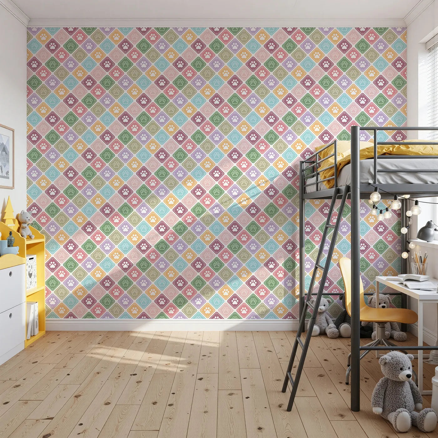 Front view of Whimsy Tots' Rainbow Paw Print Tiles Wallpaper