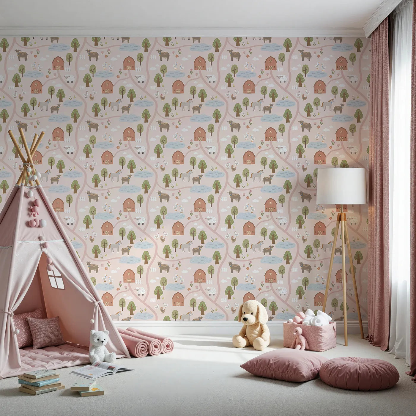 Front view of Whimsy Tots' Country Farm Map Wallpaper in Pink