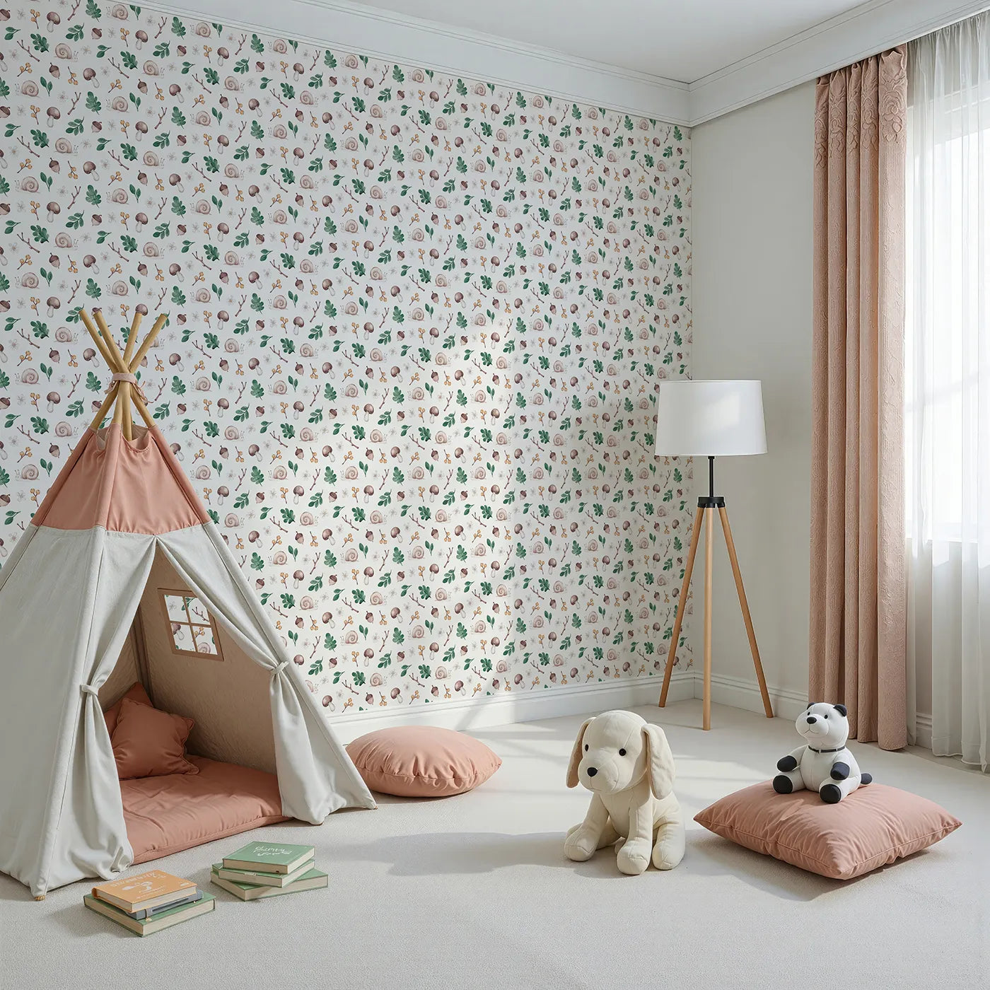 Angled view of Whimsy Tots' Watercolor Woodland Treasures Wallpaper (W2308).Where snails, mushrooms, and acorns are painted with a delicate touch.