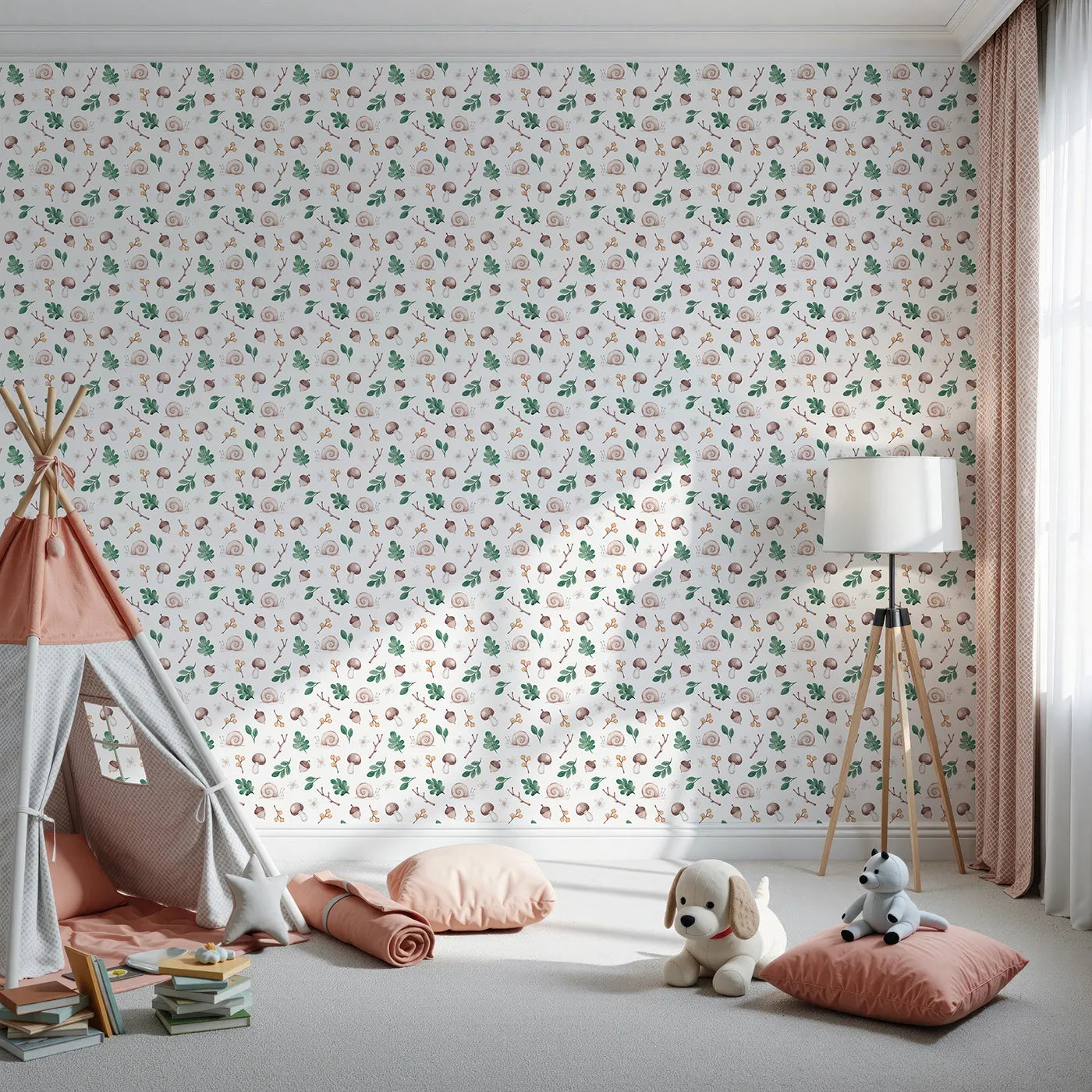 Front view of Whimsy Tots' Watercolor Woodland Treasures Wallpaper