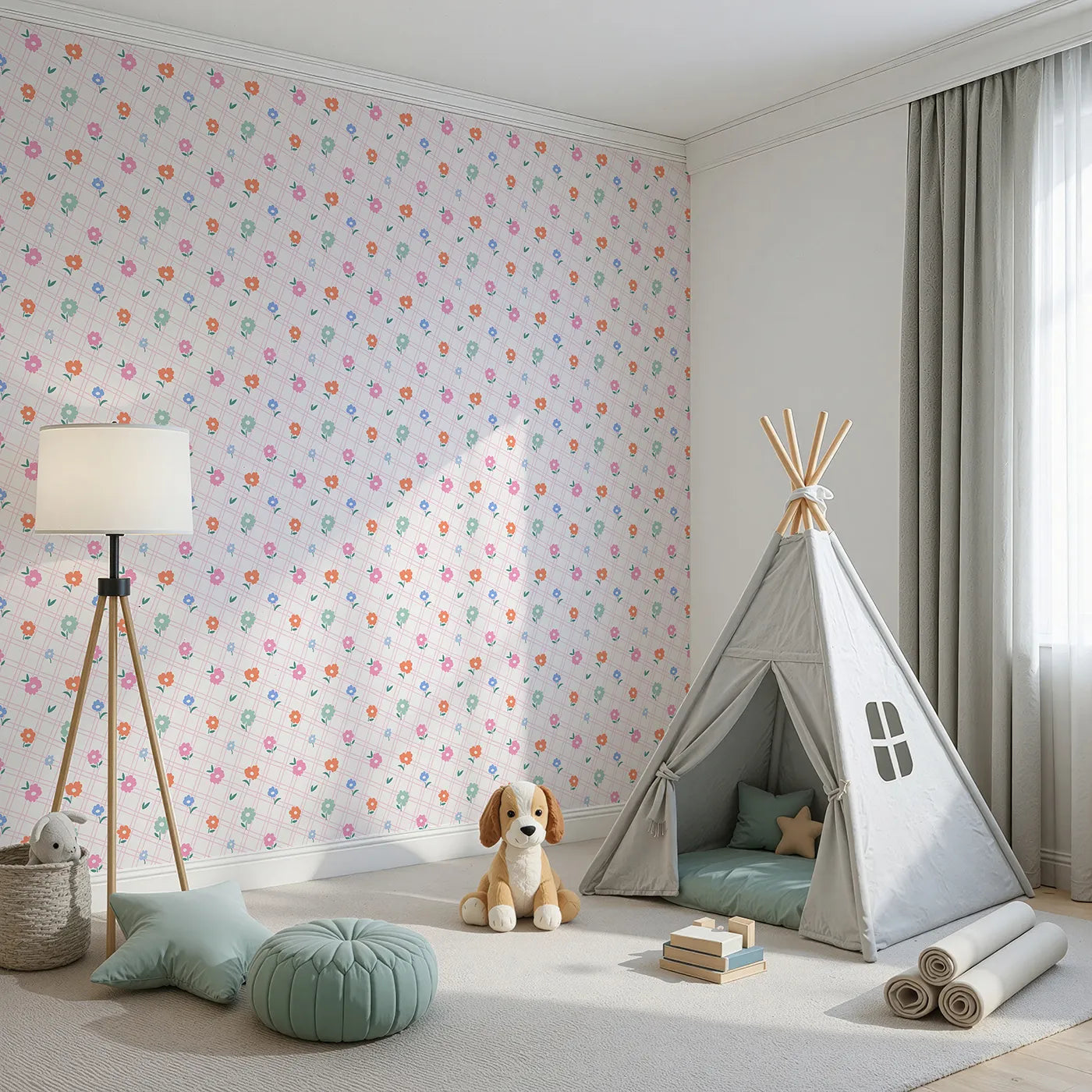 Angled view of Whimsy Tots' Plaid Garden Flowers Wallpaper (W2309).Where colorful flowers bloom on a cheerful plaid background.