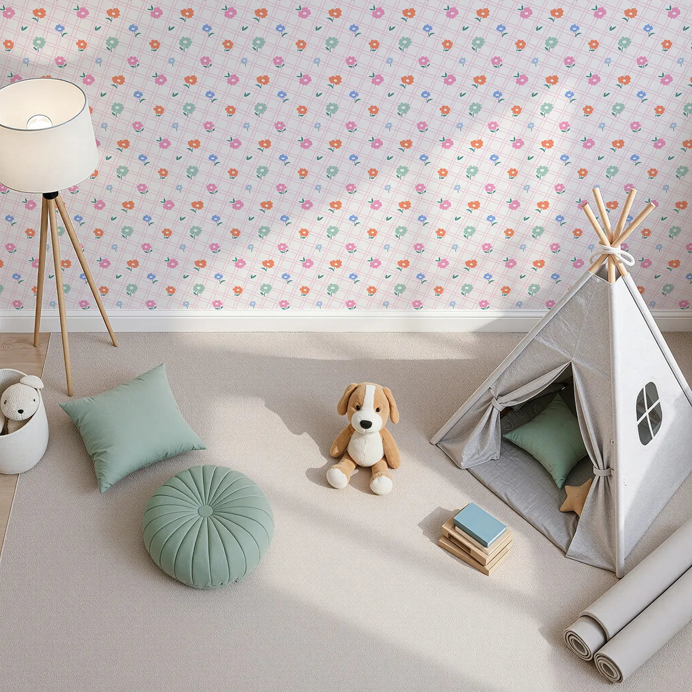 Top-Down view of Whimsy Tots' Plaid Garden Flowers Wallpaper (W2309).Where colorful flowers bloom on a cheerful plaid background.