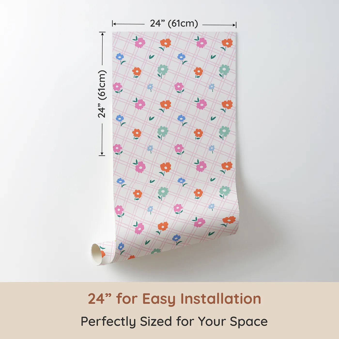 Dimension view of Whimsy Tots Plaid Garden Flowers Wallpaper (W2309). Printed in 24-inch-wide panel for easy installation. Where colorful flowers bloom on a cheerful plaid background.