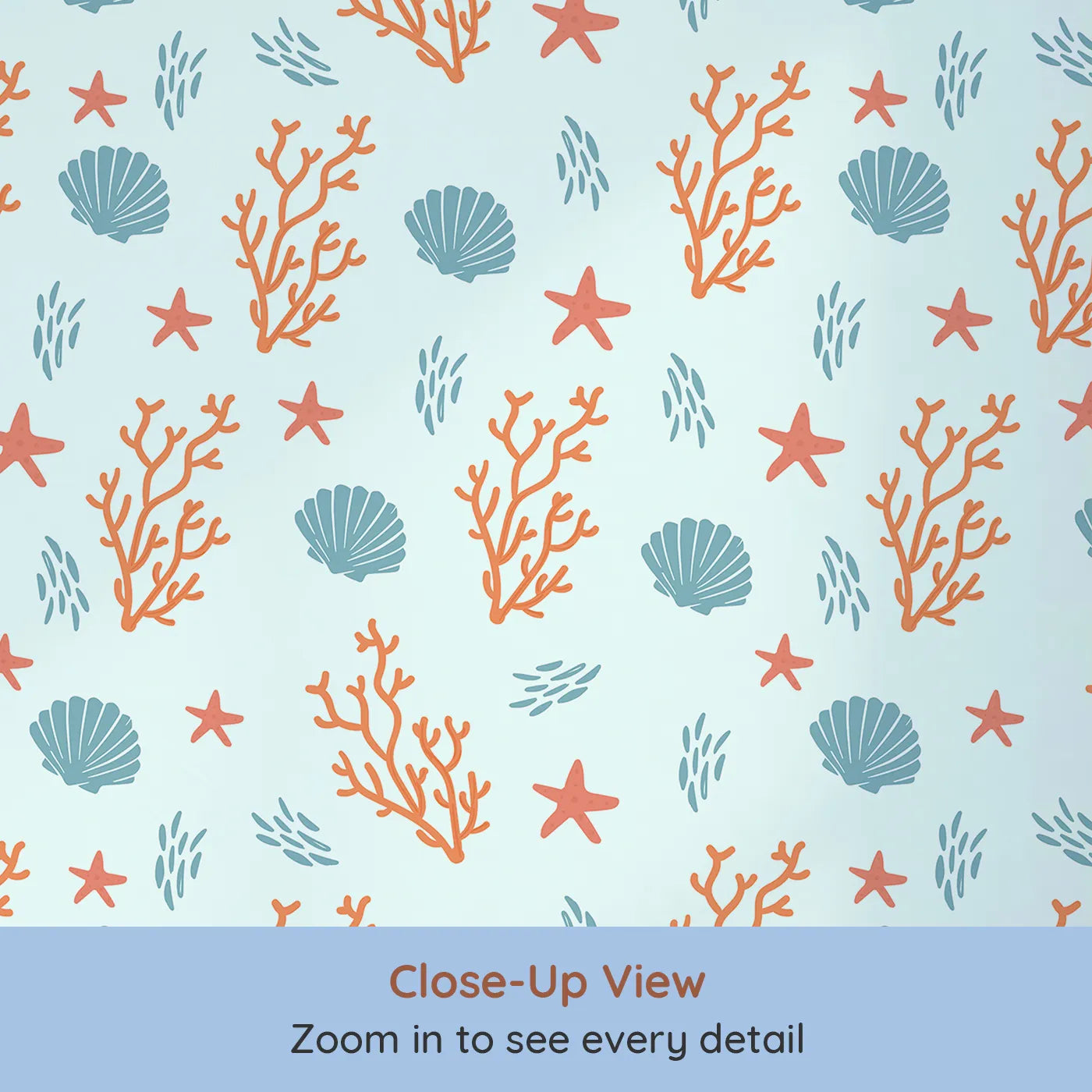Close-up view of Whimsy Tots' Coastal Coral Garden Wallpaper (W2310).Where colorful coral and seashells are scattered by the tide.
